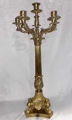 Pair Antique French Empire Gold Bronze Candelabra Lamps, Circa 1890-1900