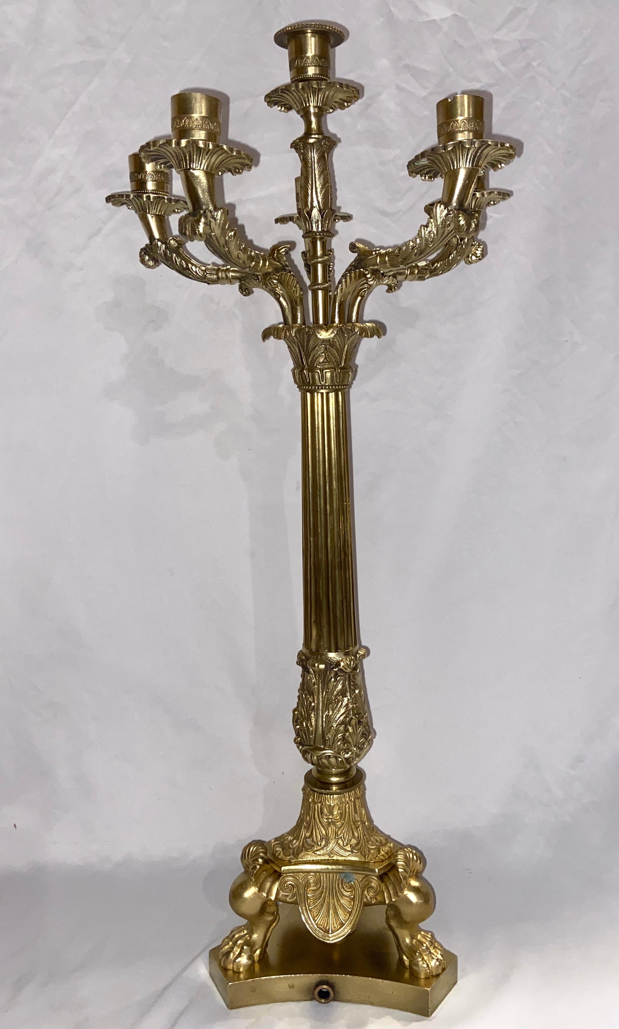 Pair Antique French Empire gold bronze candelabra lamps.