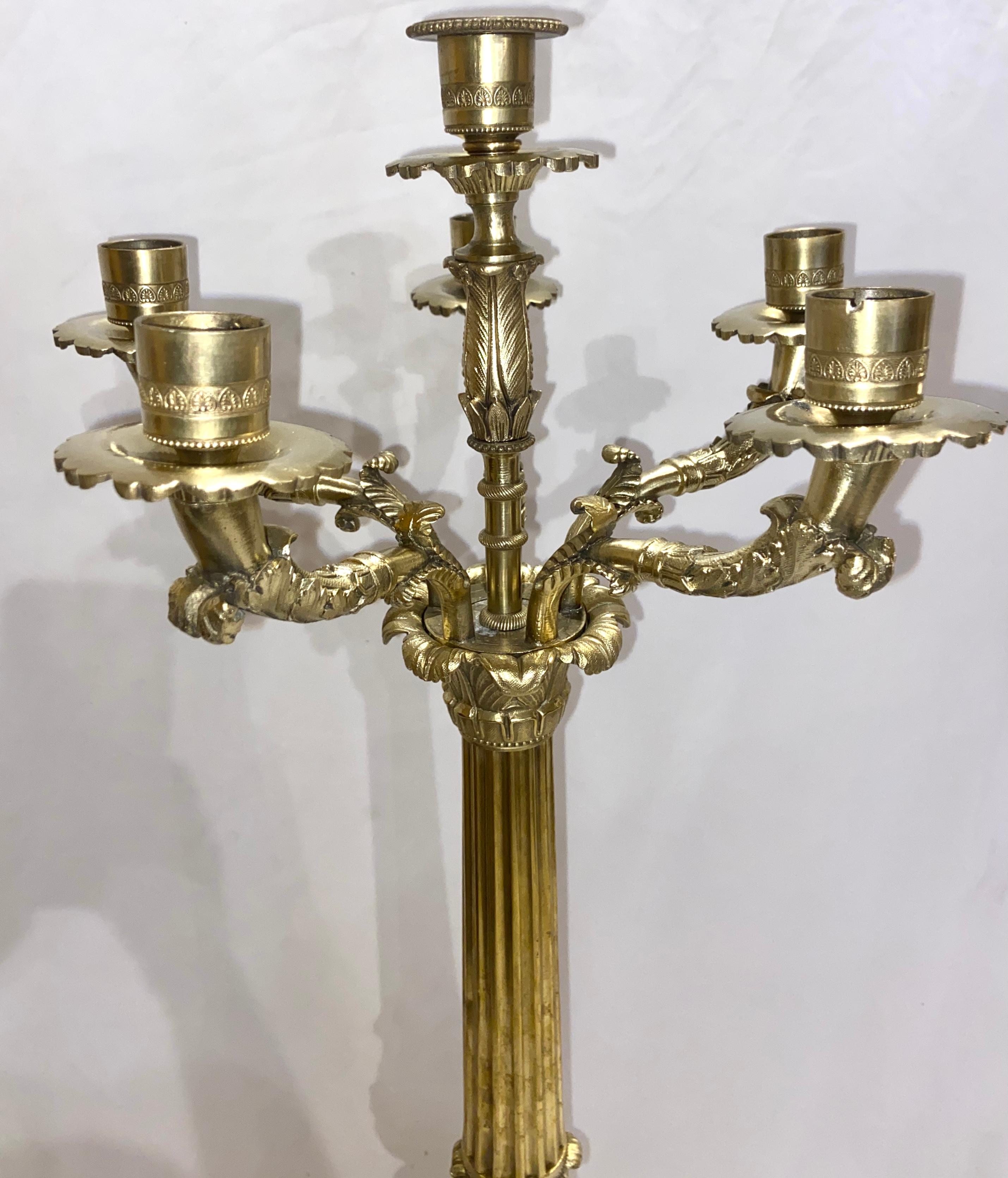 Pair Antique French Empire Gold Bronze Candelabra Lamps In Good Condition In New Orleans, LA