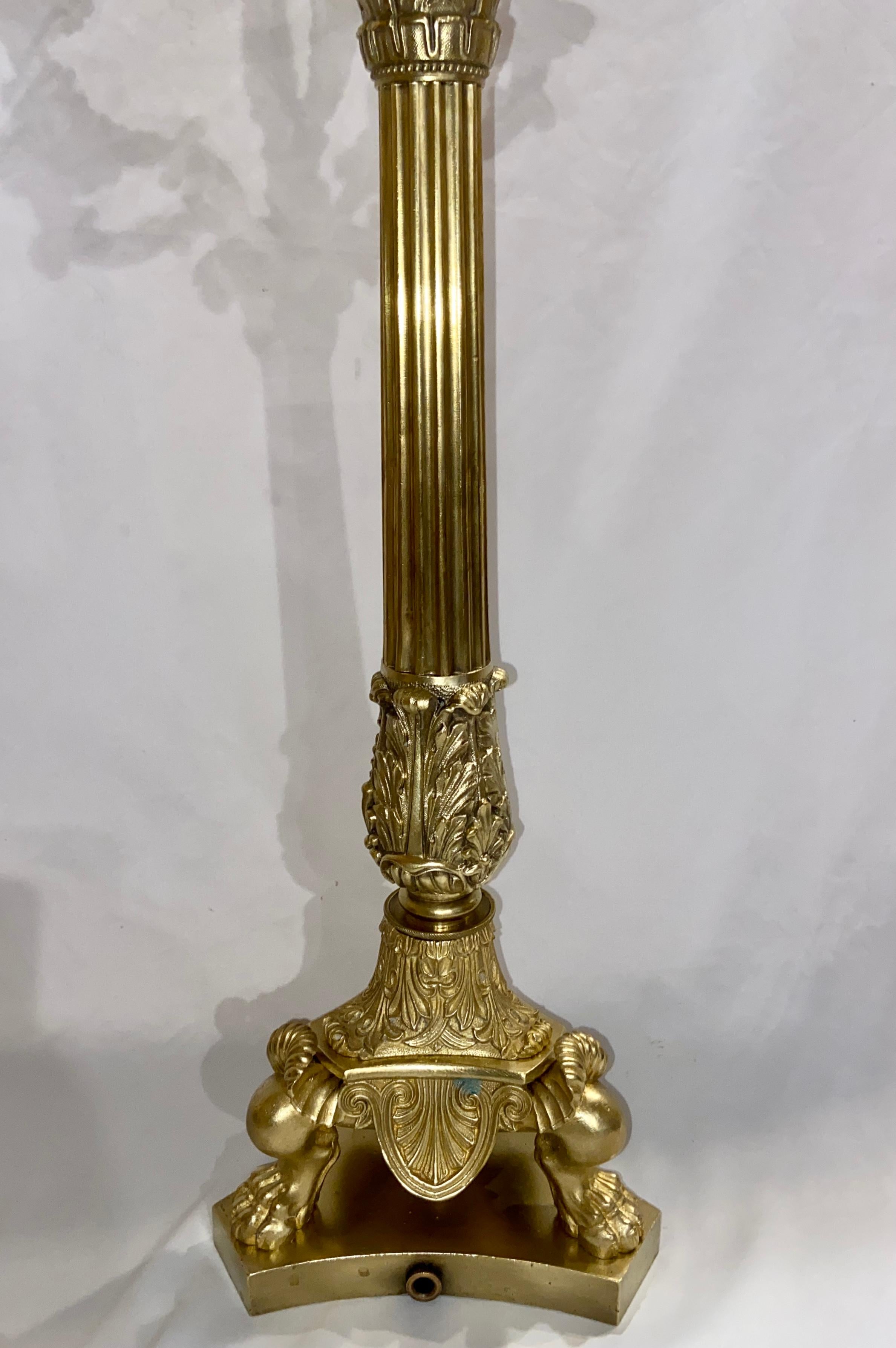 19th Century Pair Antique French Empire Gold Bronze Candelabra Lamps