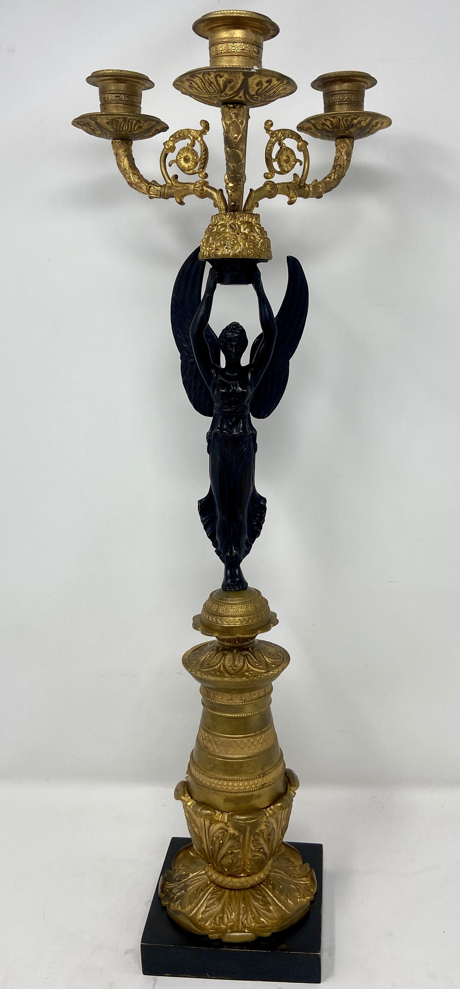 Pair Antique French Empire gold bronze & patinated bronze candelabra, circa 1880.