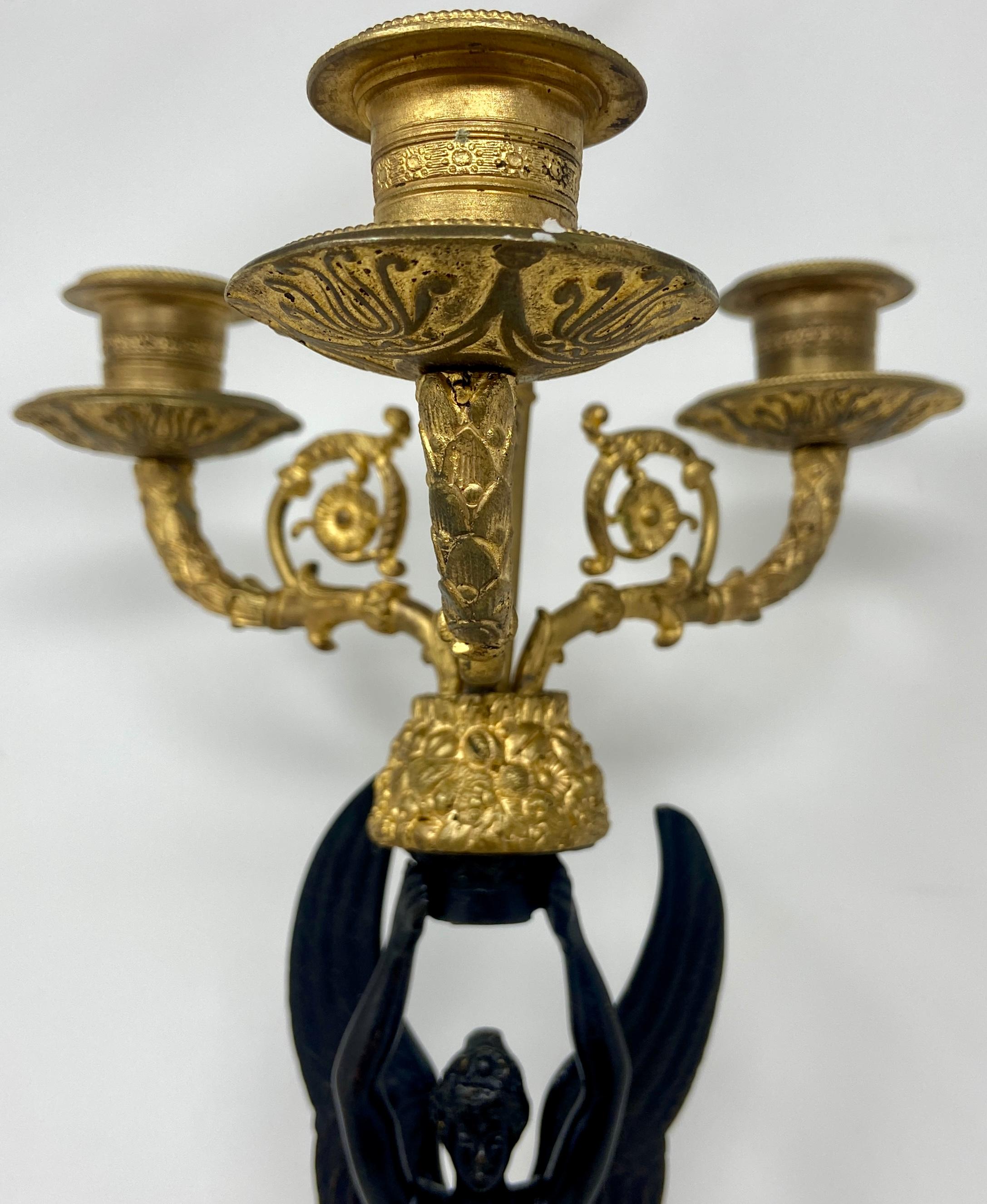 Pair Antique French Empire Gold Bronze & Patinated Bronze Candelabra, Circa 1880 In Good Condition For Sale In New Orleans, LA