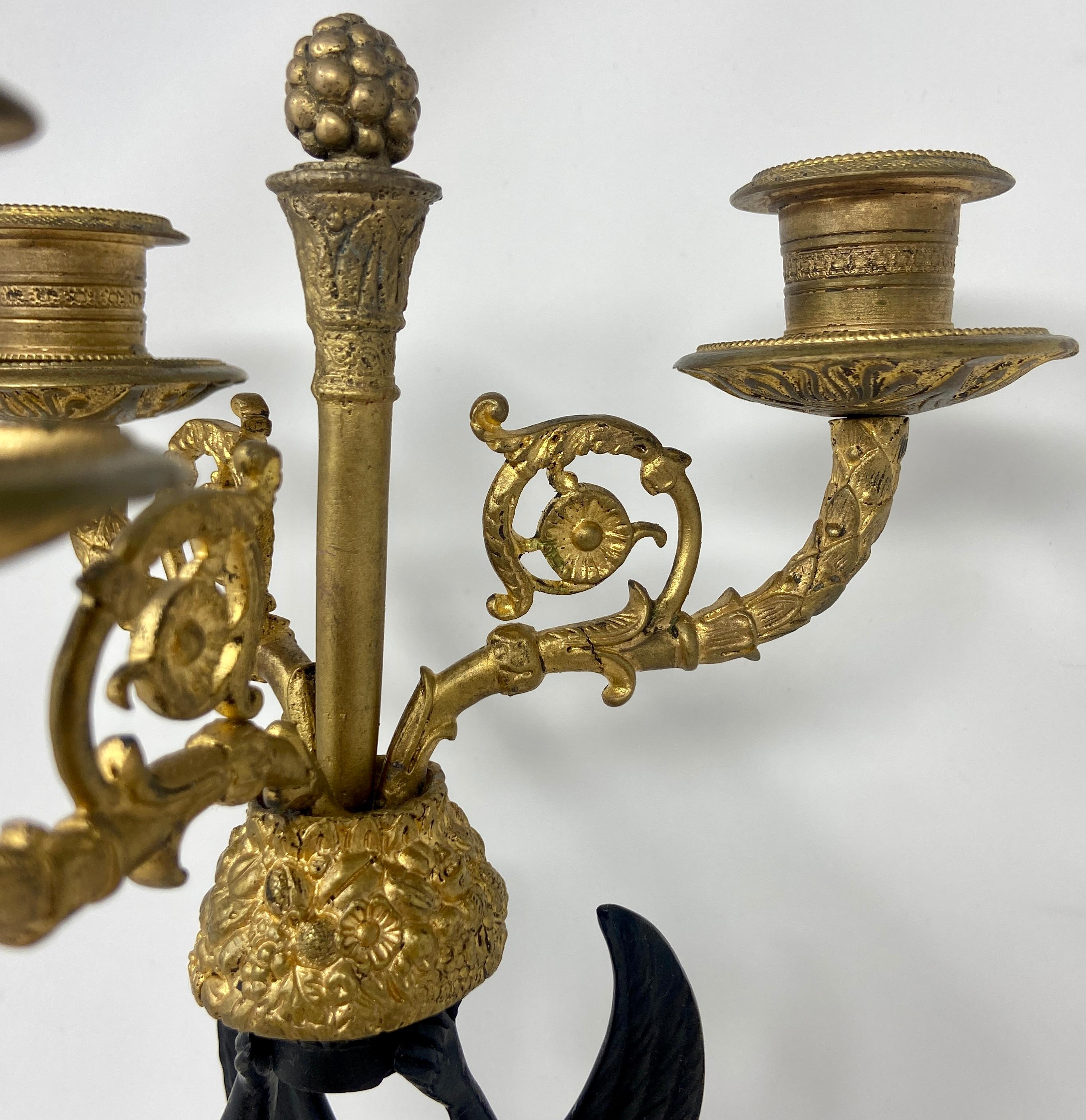 19th Century Pair Antique French Empire Gold Bronze & Patinated Bronze Candelabra, Circa 1880 For Sale