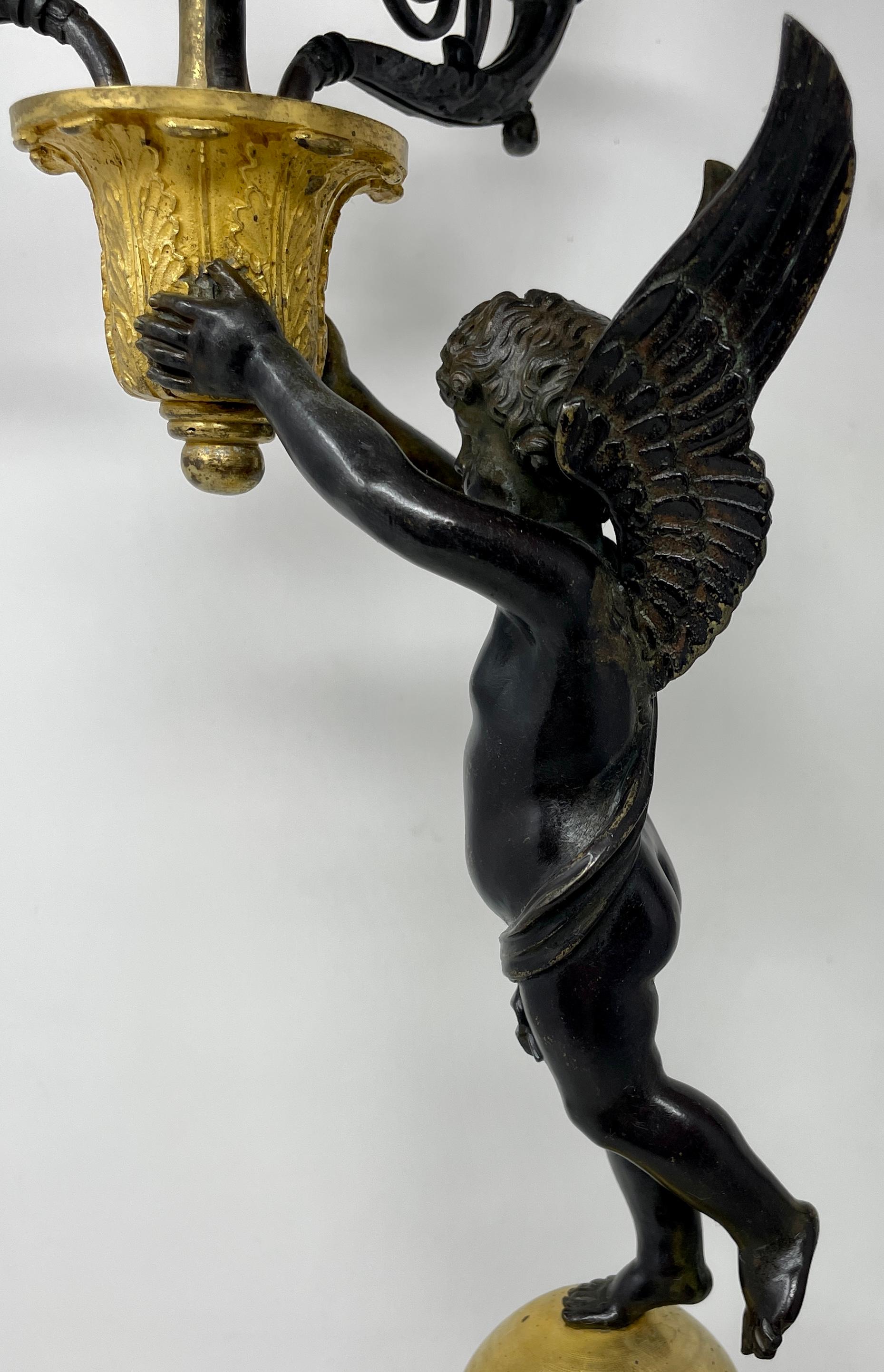 Pair Antique French Empire Gold Bronze & Patinated Bronze Candelabra, circa 1880 2