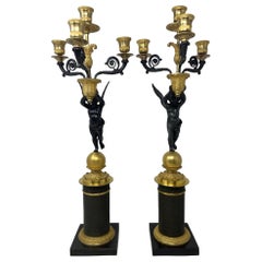 Pair Antique French Empire Gold Bronze & Patinated Bronze Candelabra, circa 1880