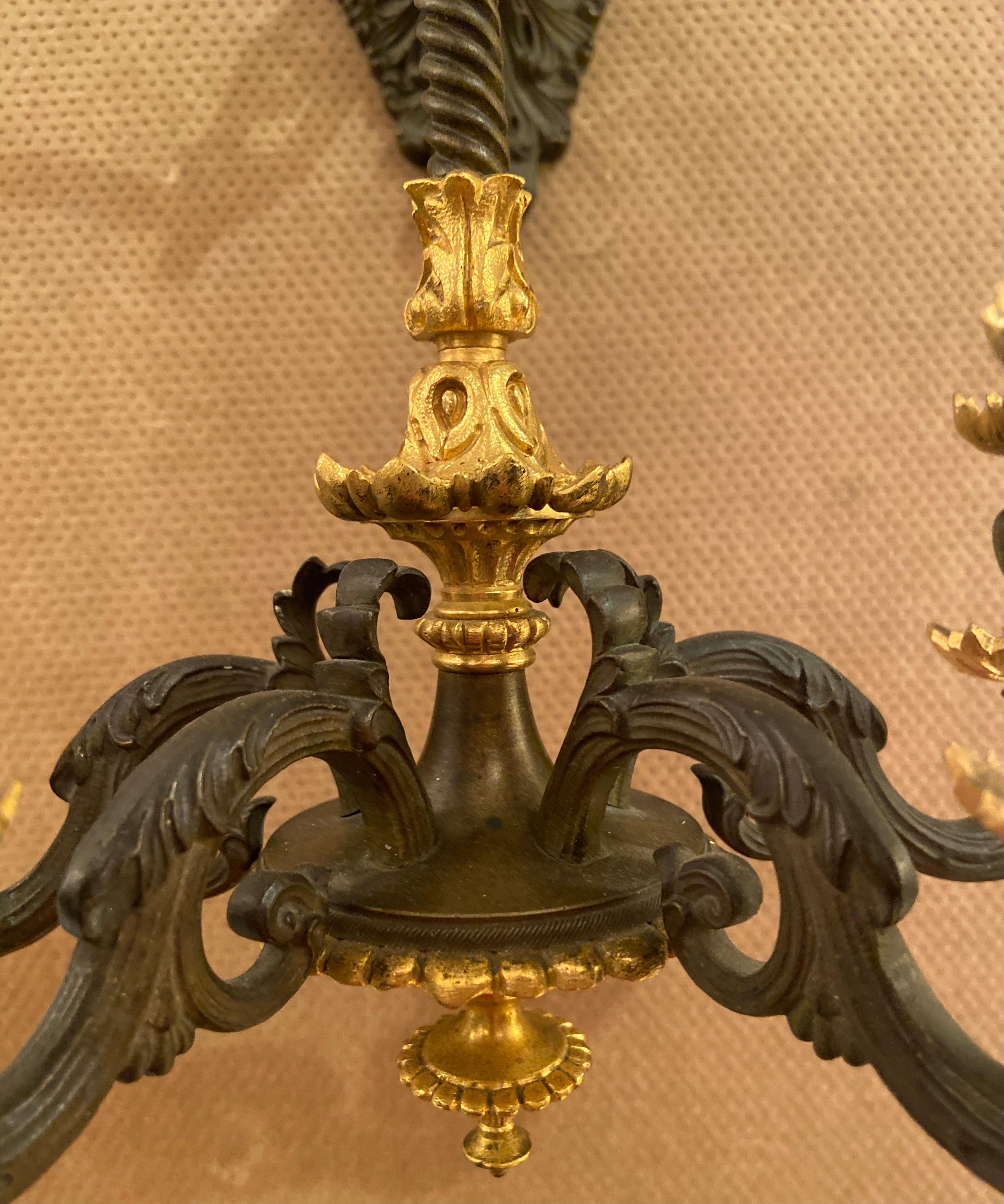 19th Century Pair Antique French Empire Gold Bronze & Patinated Bronze Wall Sconces, Ca 1880