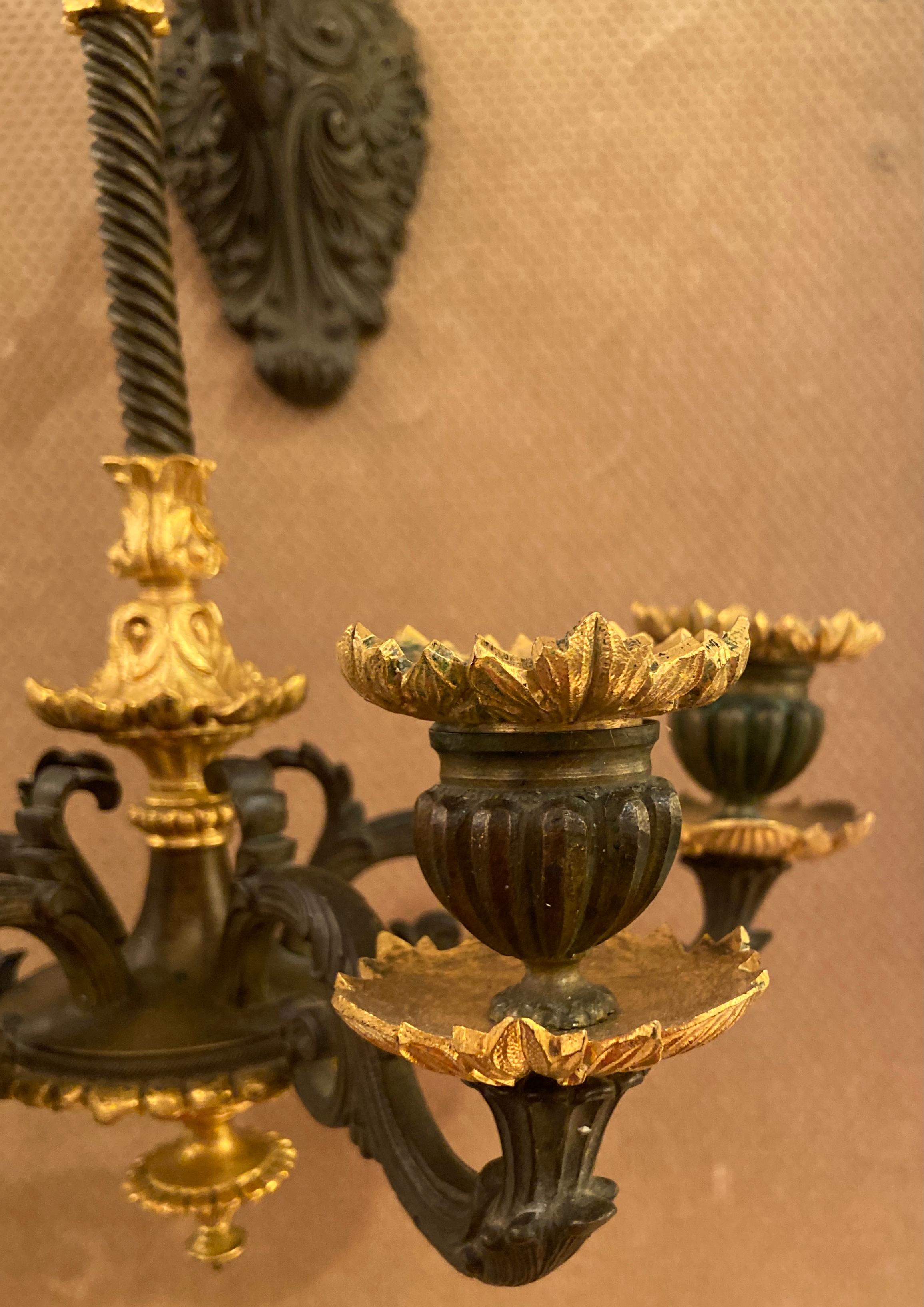 Pair Antique French Empire Gold Bronze & Patinated Bronze Wall Sconces, Ca 1880 1