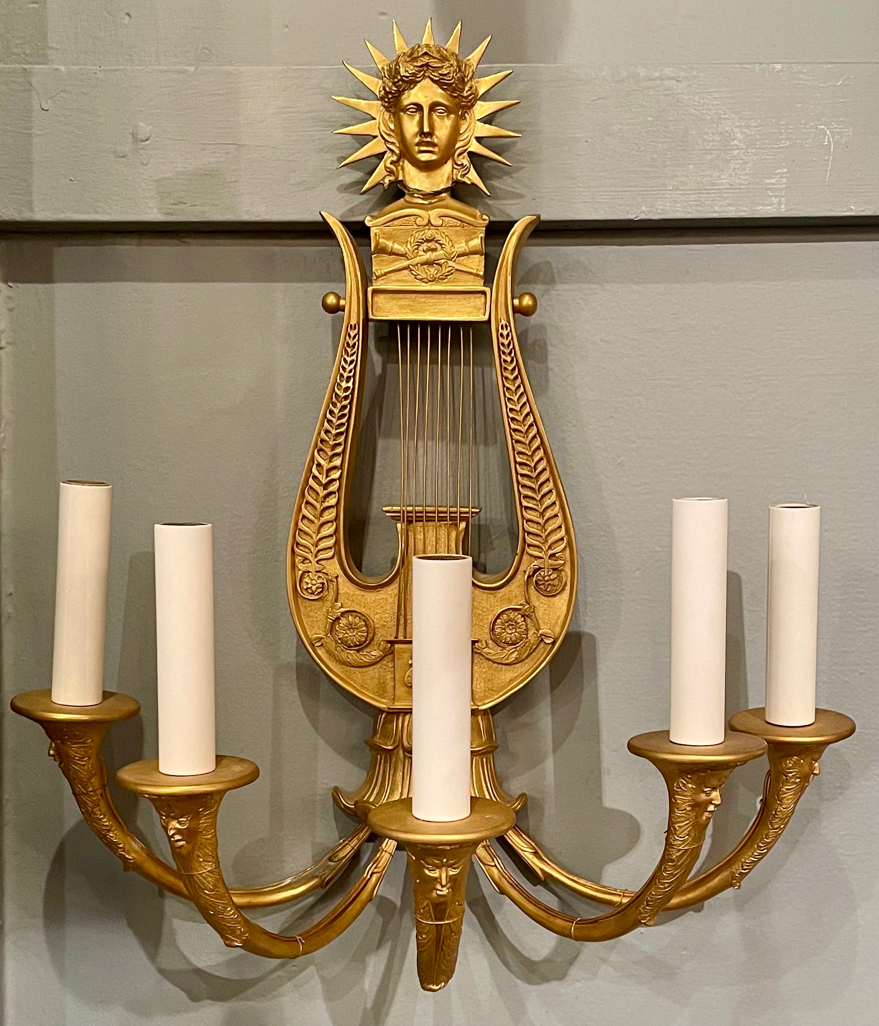 Pair antique French Empire gold bronze wall sconces, circa 1890.
