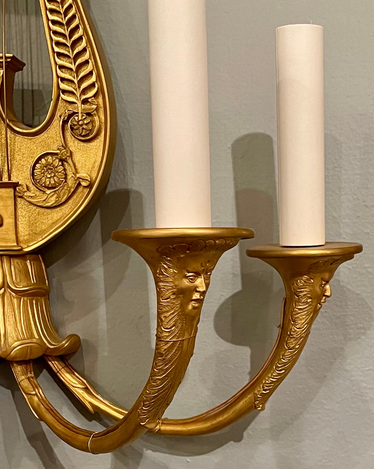 19th Century Pair Antique French Empire Gold Bronze Wall Sconces, Circa 1890. For Sale