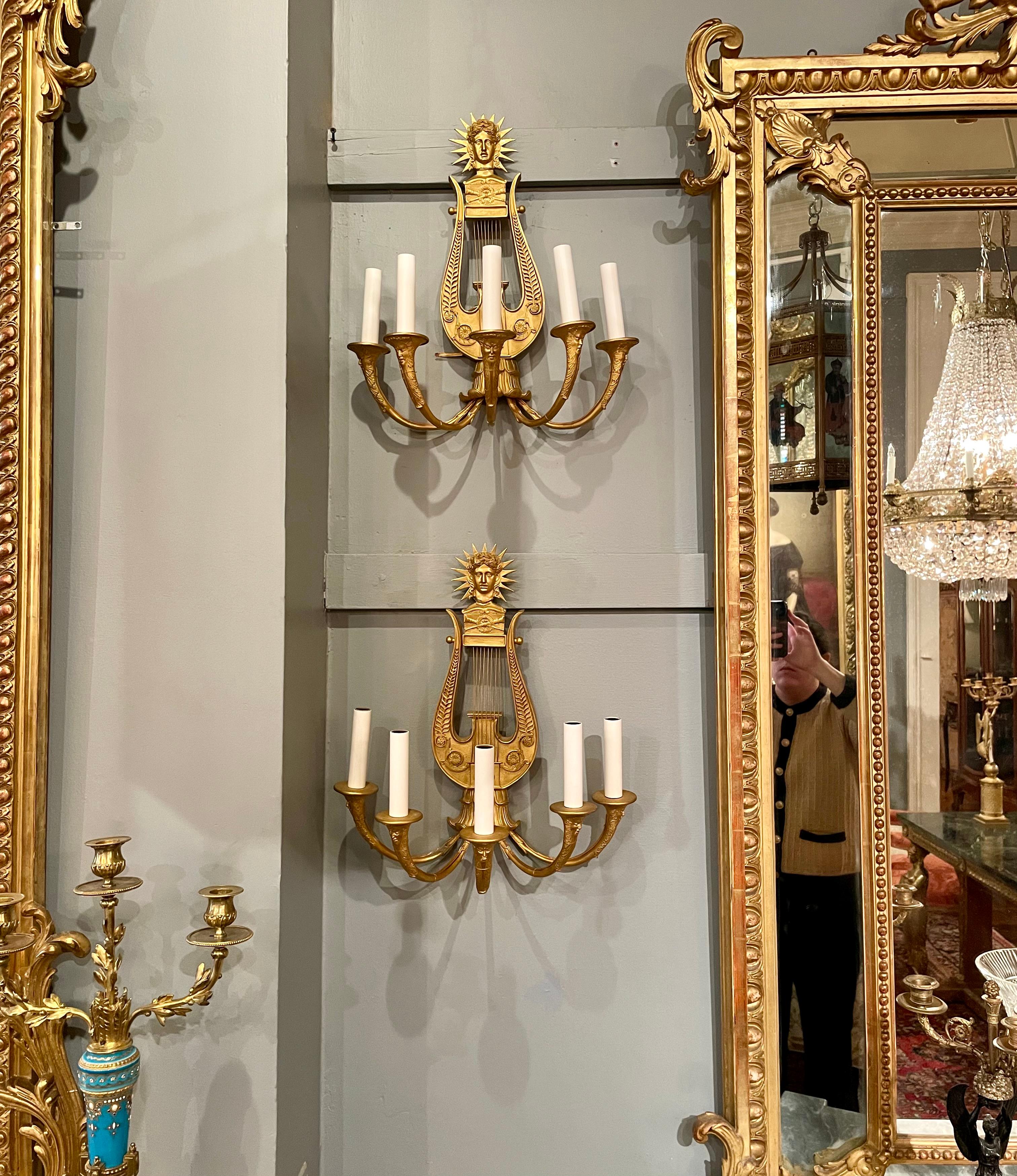 Pair Antique French Empire Gold Bronze Wall Sconces, Circa 1890. For Sale 4