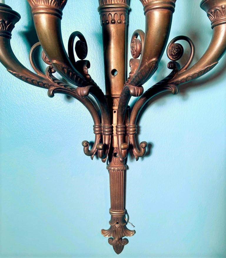 Pair Antique French Empire Gold Bronze Wall Sconces, Circa 1900 In Good Condition For Sale In New Orleans, LA