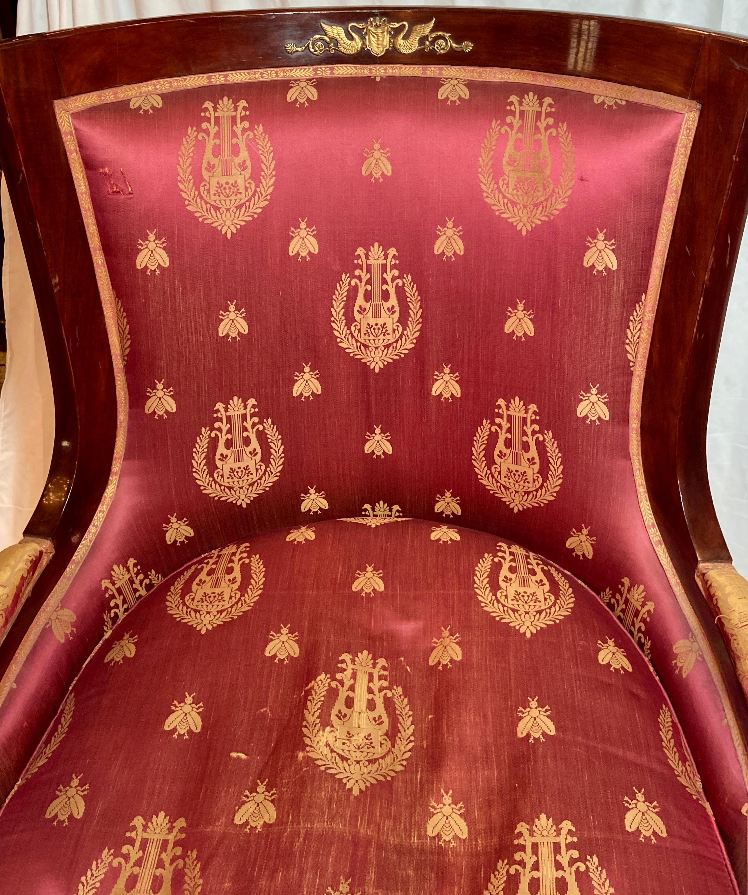 Pair Antique French Empire Ormolu Mounted Mahogany Bergere Armchairs, Circa 1890 In Good Condition For Sale In New Orleans, LA
