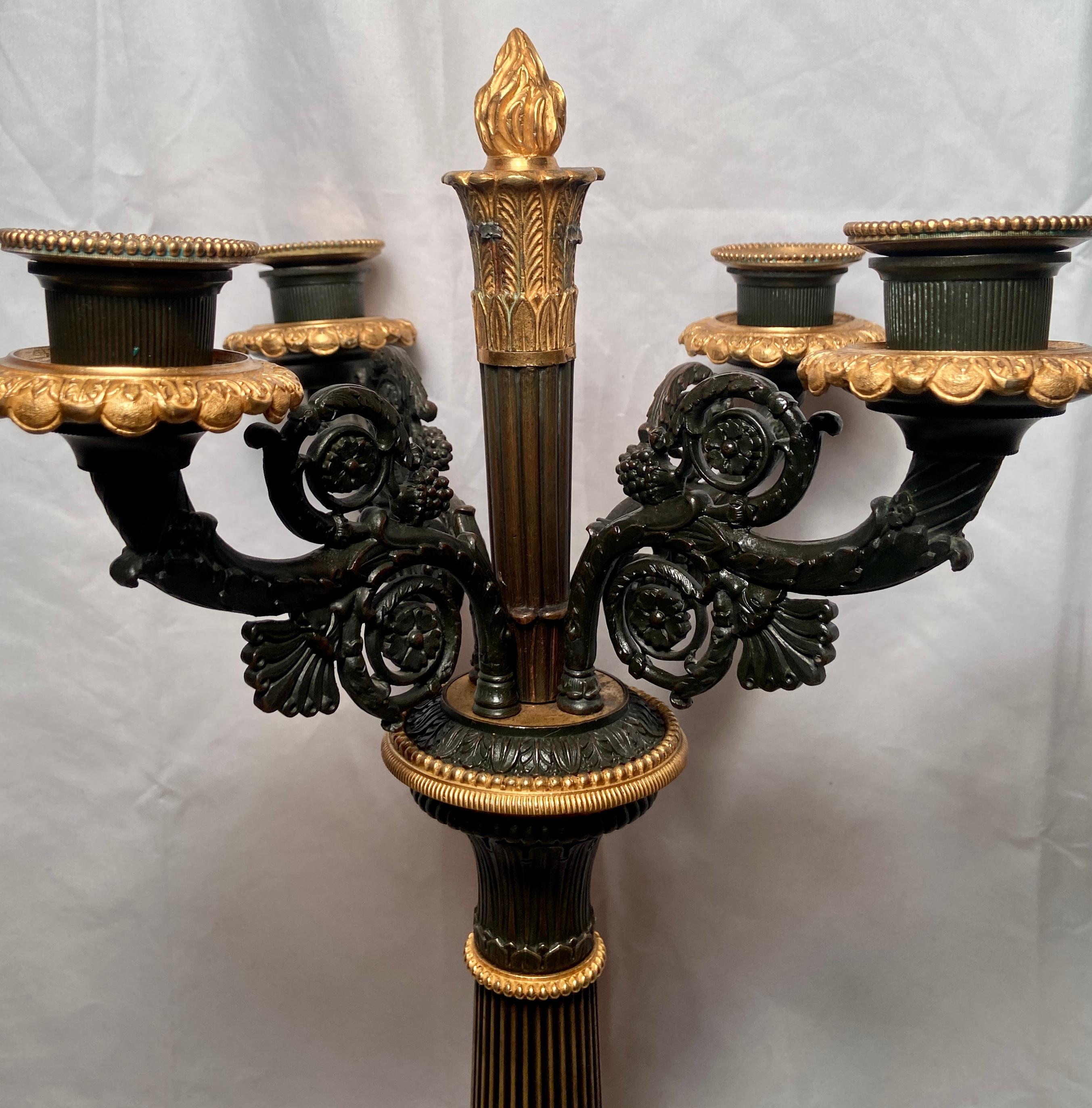 Pair Antique French Empire Patinated Bronze & Gold Bronze Candelabra, Circa 1860 For Sale 1