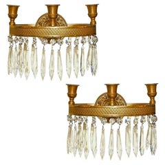 Pair Antique French Empire Style Bronze and Crystal Hoop Form Wall Sconces