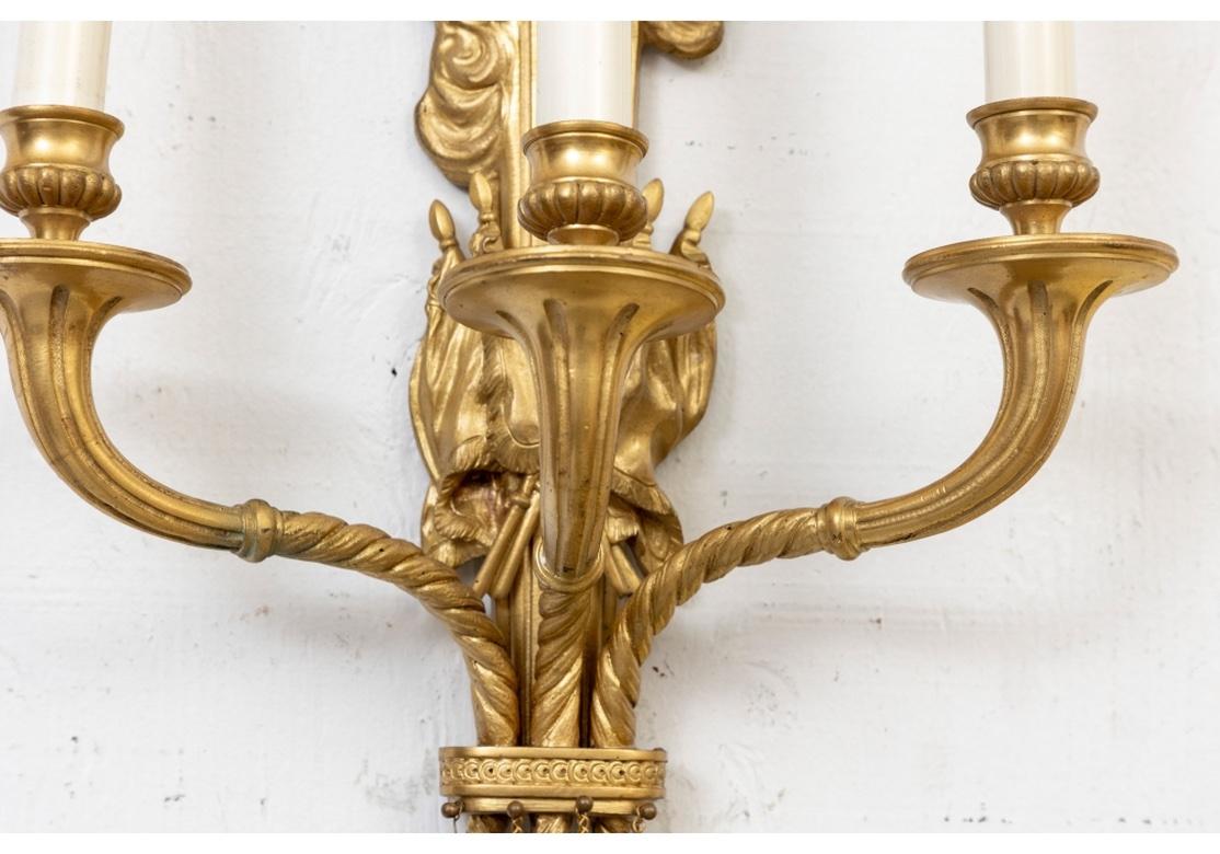 European Pair Antique French Empire Style Gilt Bronze Wall Sconces For Sale