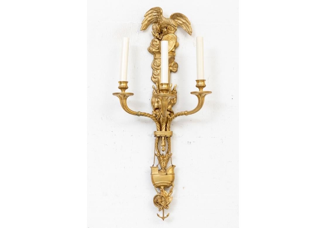 Pair Antique French Empire Style Gilt Bronze Wall Sconces For Sale 1