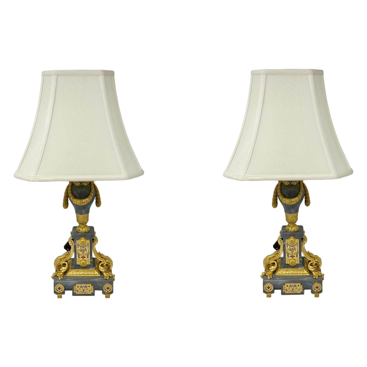 Pair Antique French Enameled Ormolu and Blue-Grey Marble Lamps, Circa 1890's.