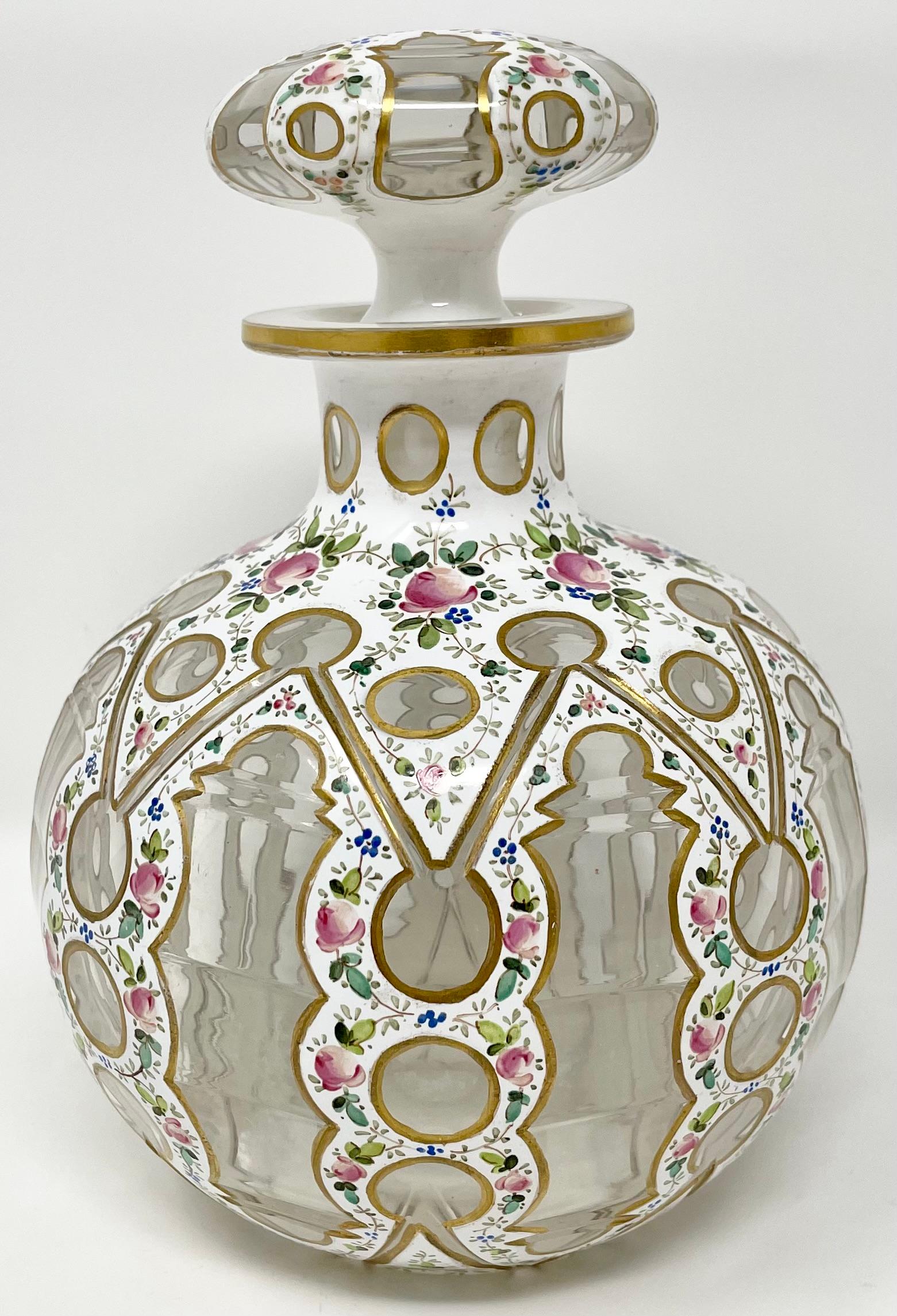 19th Century Pair Antique French Enameled Porcelain & Glass Perfume Bottles, Circa 1860-1870. For Sale