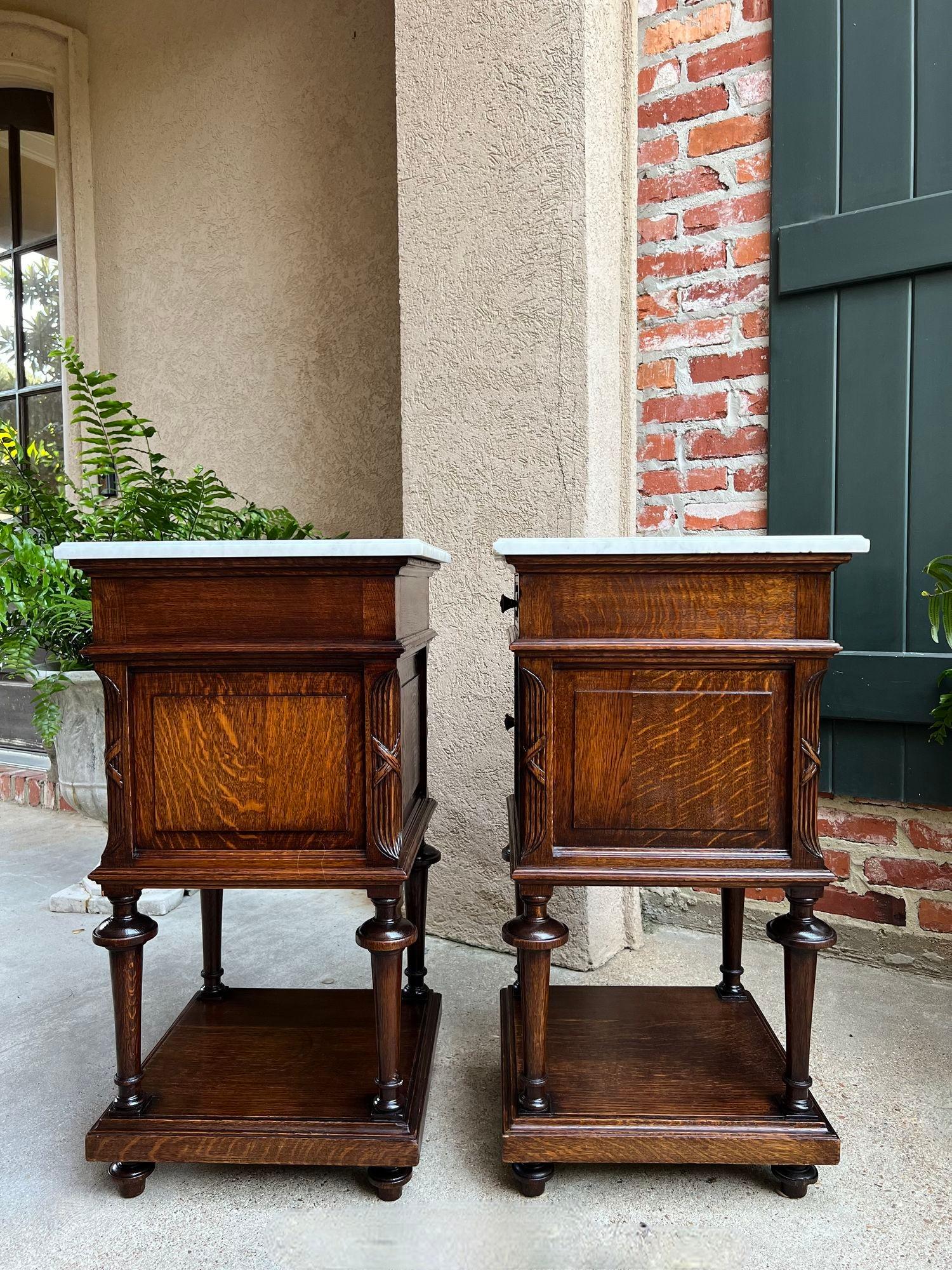 Pair Antique French End Table Cabinet White Marble Regency Carved Oak Nightstand 5