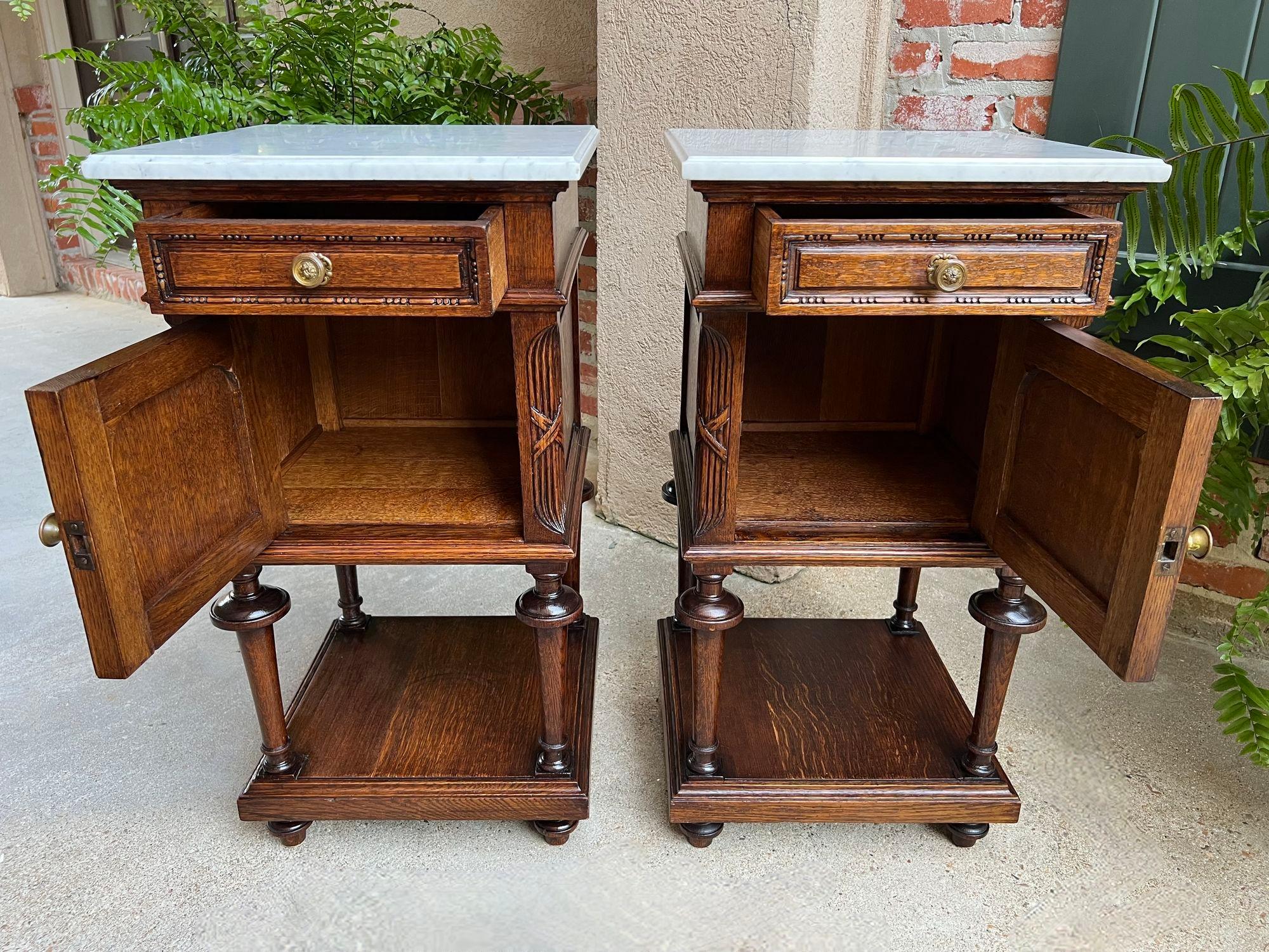 Pair Antique French End Table Cabinet White Marble Regency Carved Oak Nightstand 6