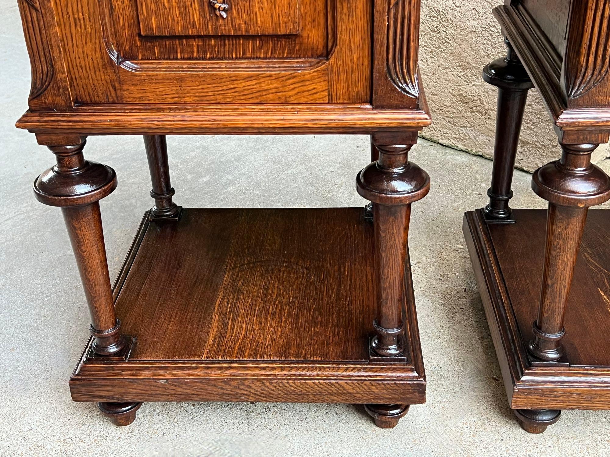 Pair Antique French End Table Cabinet White Marble Regency Carved Oak Nightstand 7
