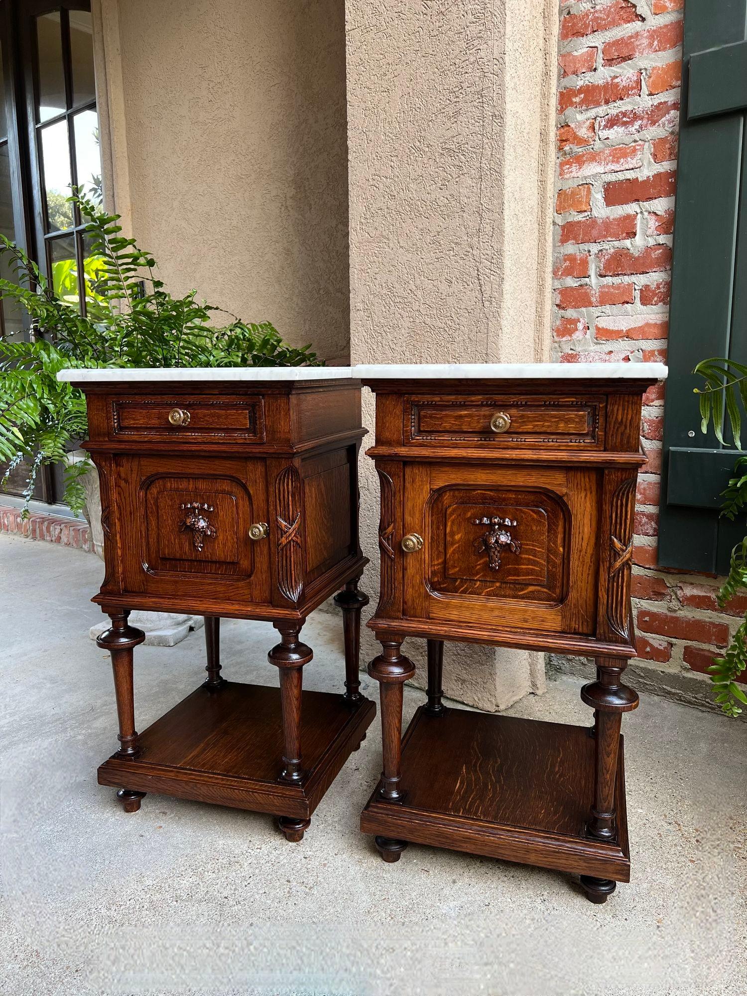 Pair Antique French End Table Cabinet White Marble Regency Carved Oak Nightstand 8