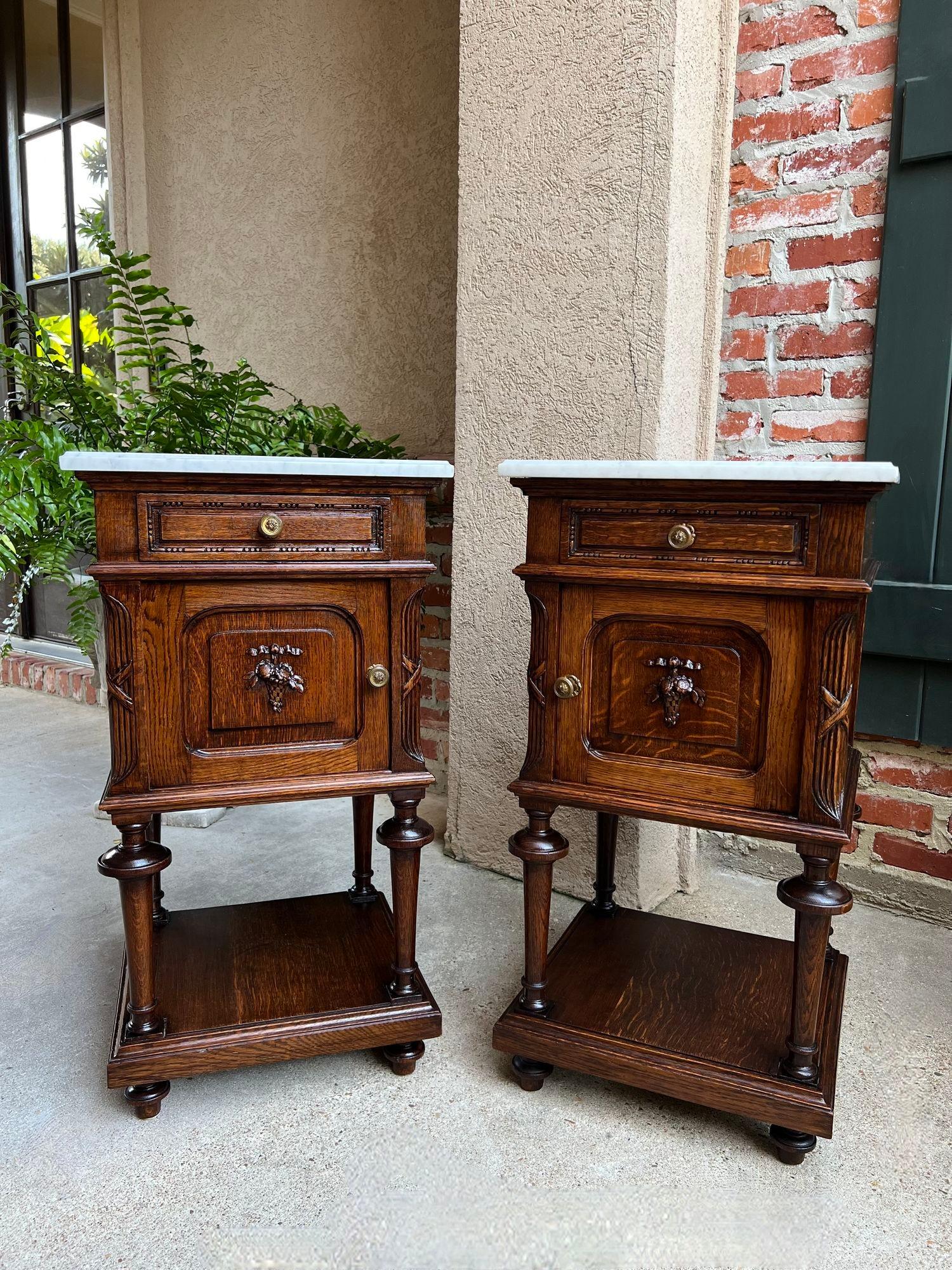 Pair Antique French End Table Cabinet White Marble Regency Carved Oak Nightstand 9