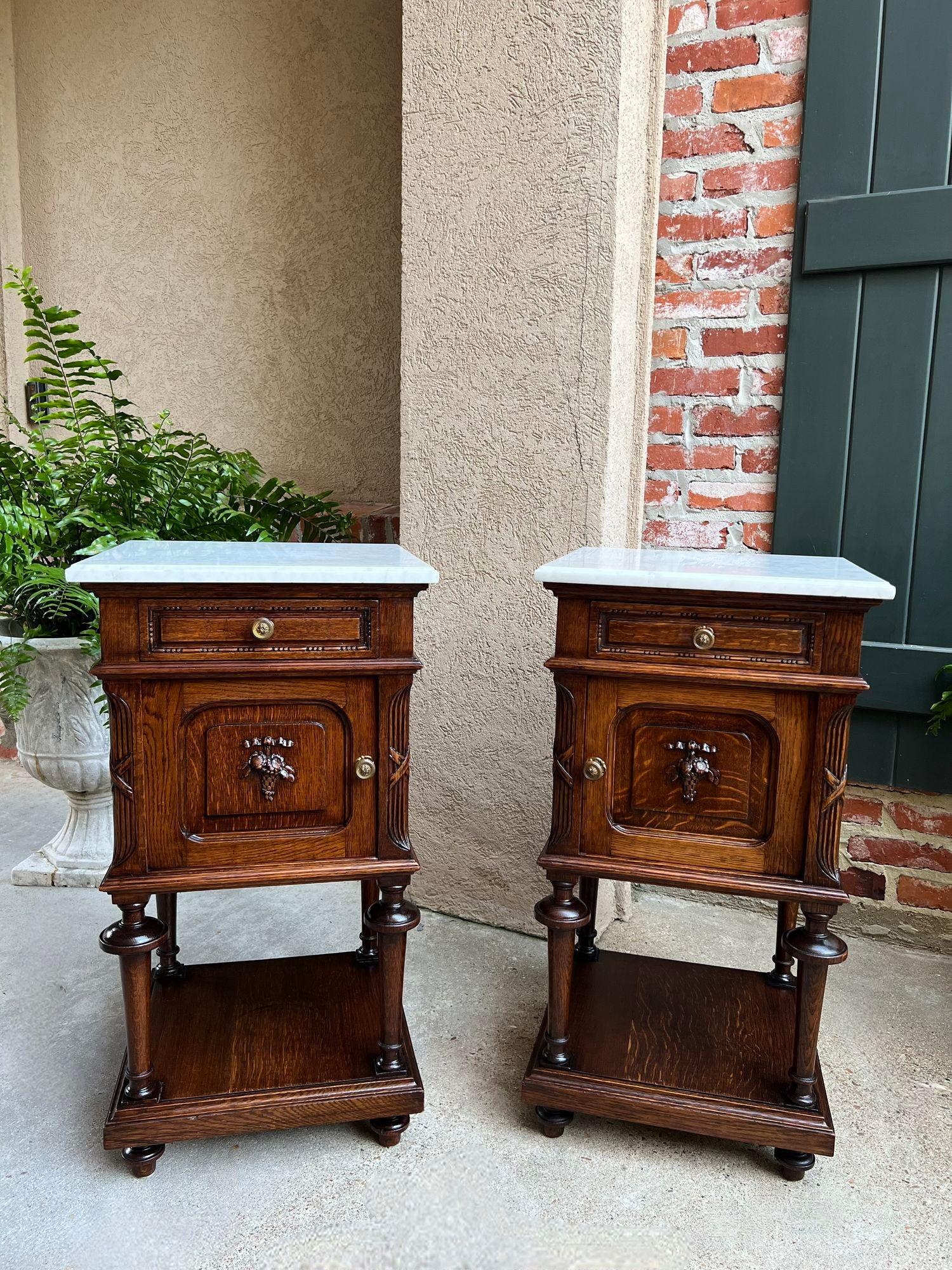 Pair Antique French End Table Cabinet White Marble Regency Carved Oak Nightstand 10