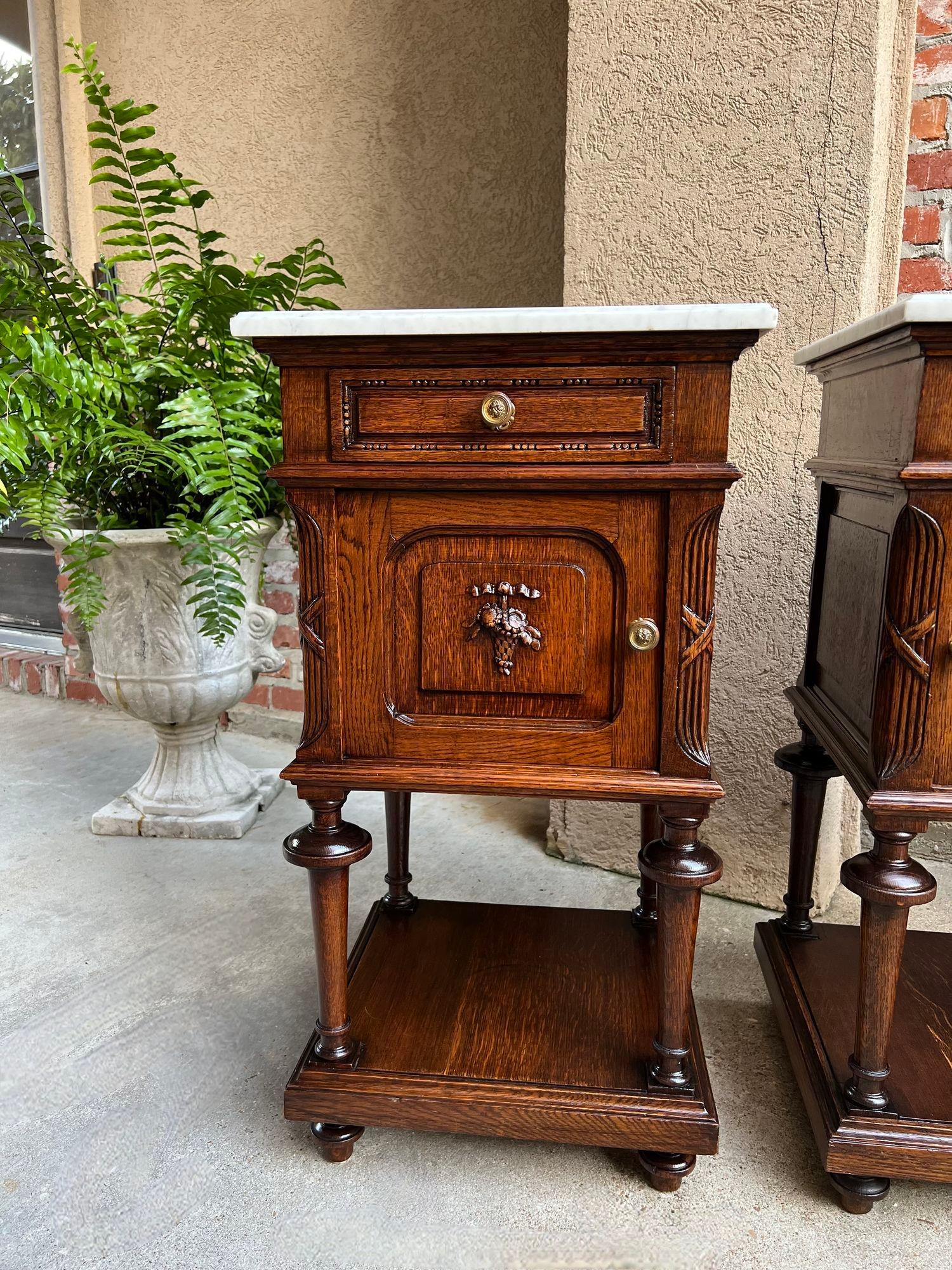 Pair Antique French End Table Cabinet White Marble Regency Carved Oak Nightstand 11