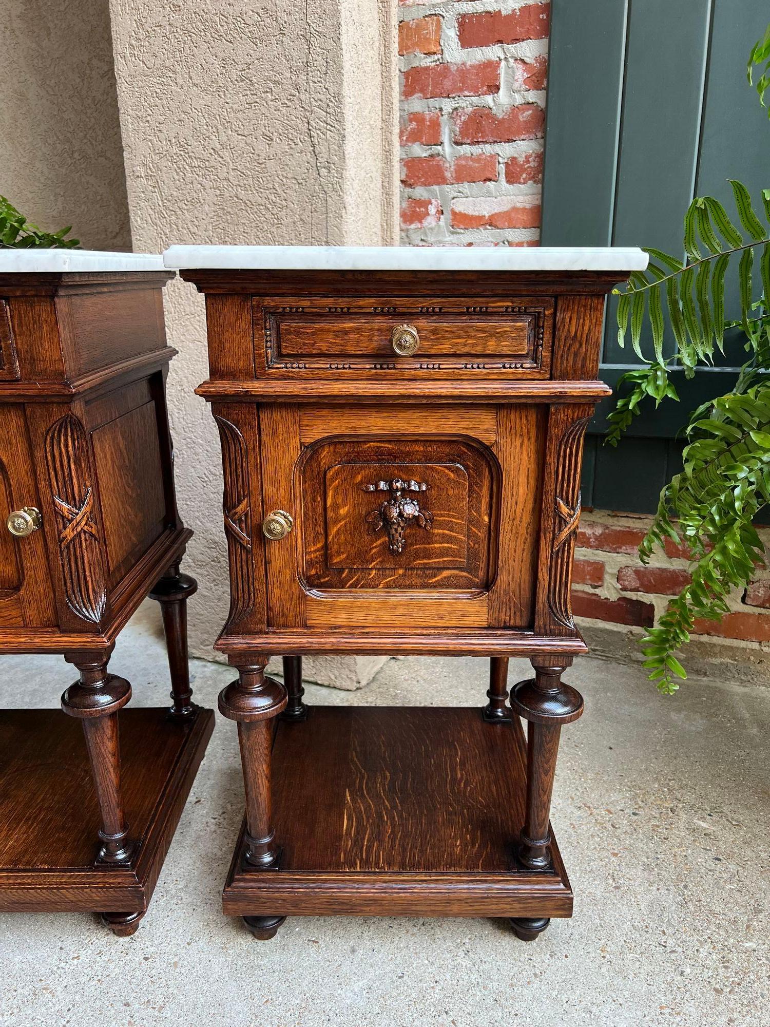 Pair Antique French End Table Cabinet White Marble Regency Carved Oak Nightstand 12