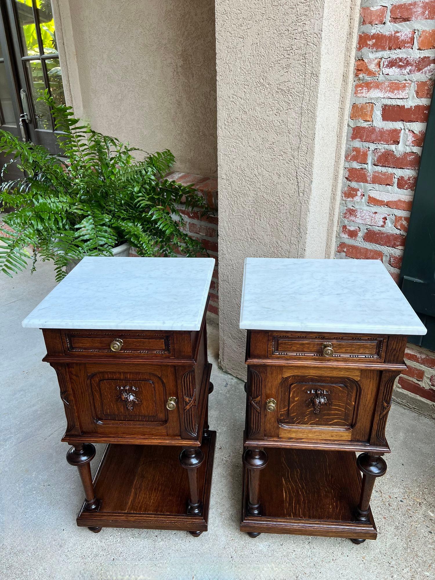 Pair Antique French End Table Cabinet White Marble Regency Carved Oak Nightstand 13