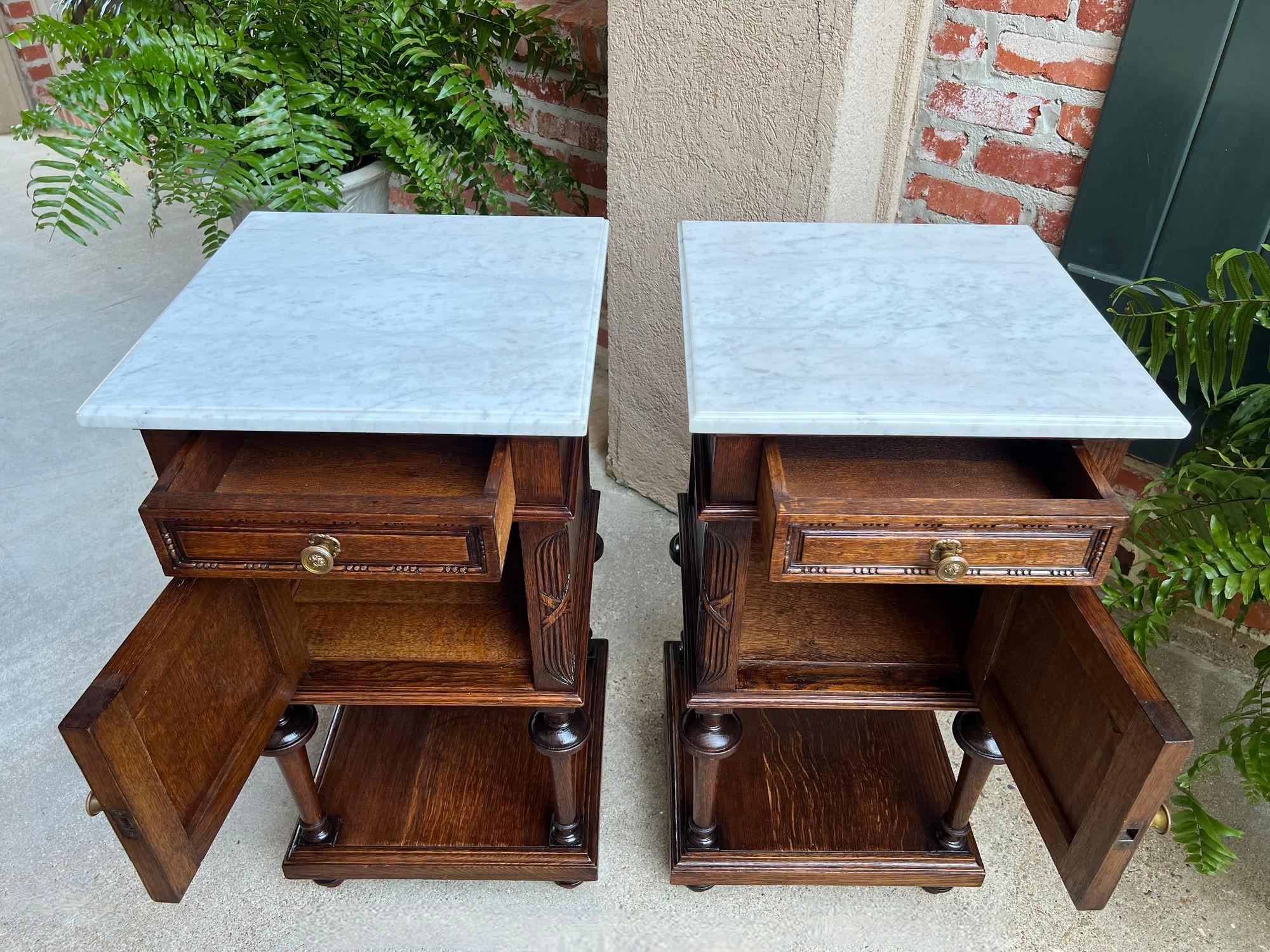 Pair Antique French End Table Cabinet White Marble Regency Carved Oak Nightstand 14