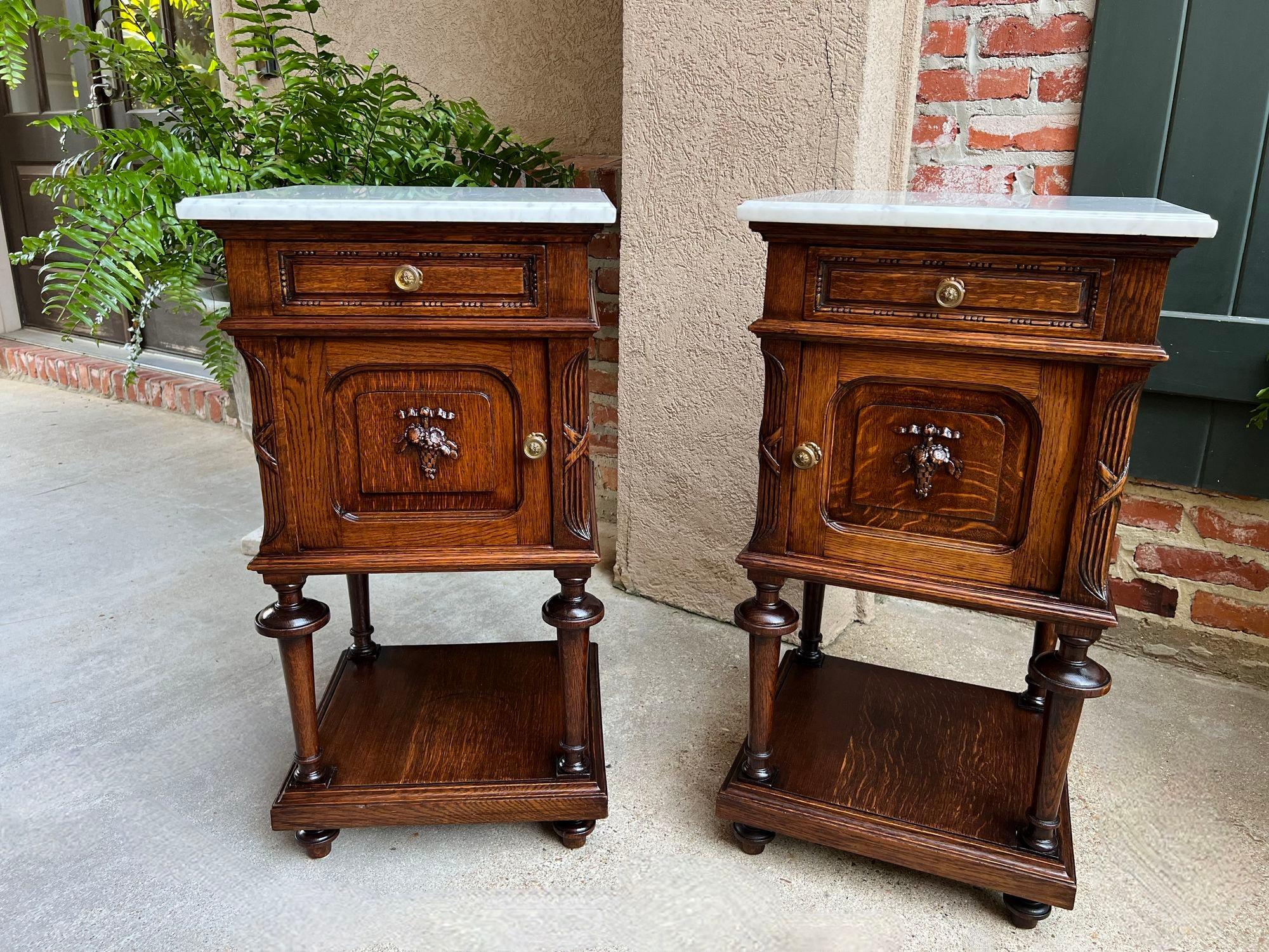 French Provincial Pair Antique French End Table Cabinet White Marble Regency Carved Oak Nightstand