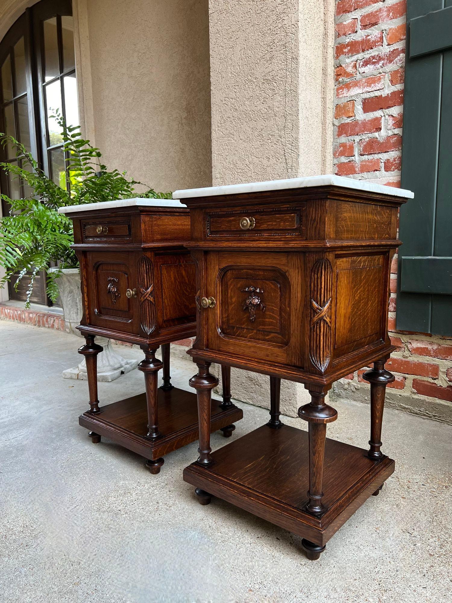 Pair Antique French End Table Cabinet White Marble Regency Carved Oak Nightstand In Good Condition In Shreveport, LA