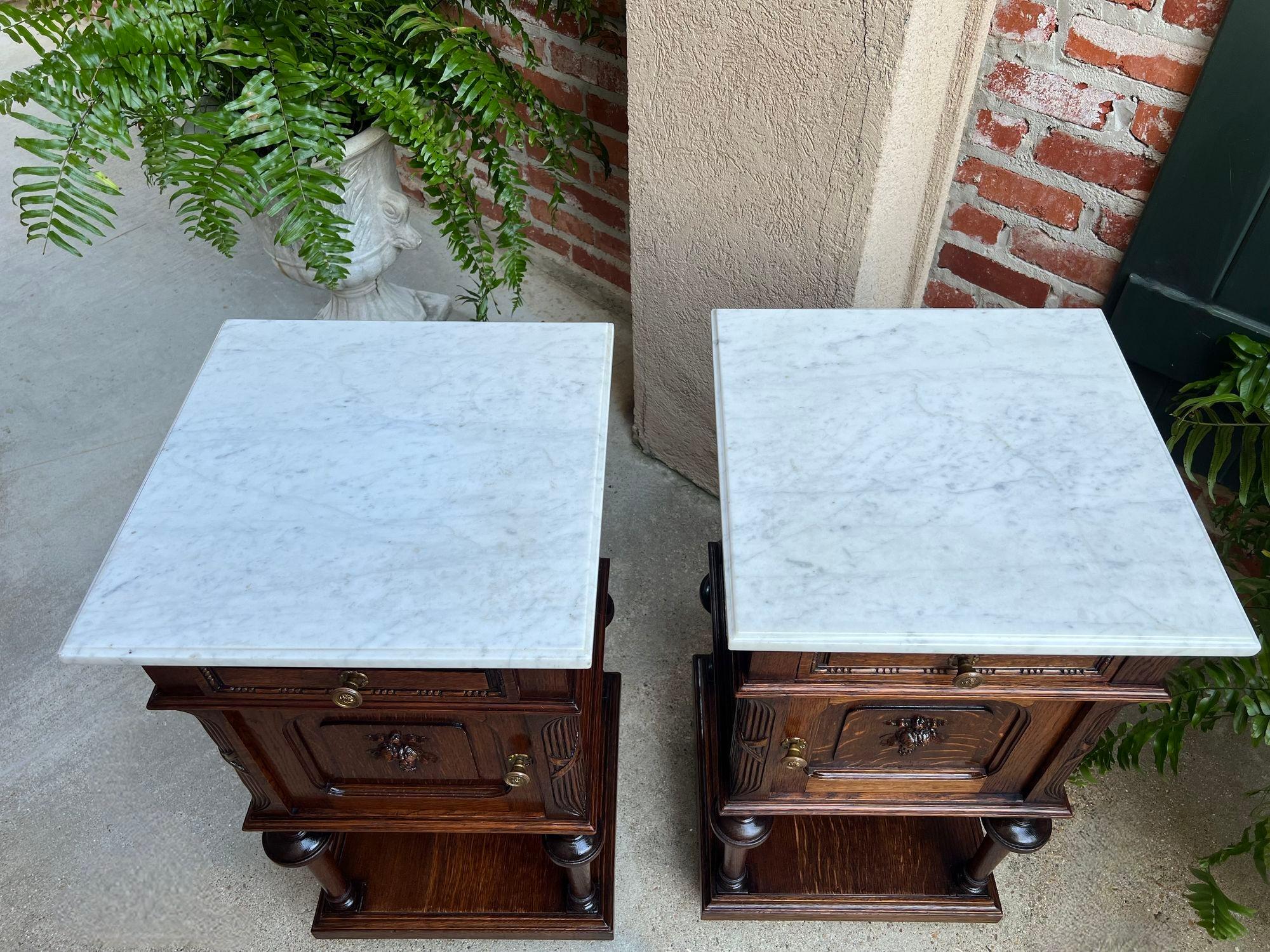 Early 20th Century Pair Antique French End Table Cabinet White Marble Regency Carved Oak Nightstand