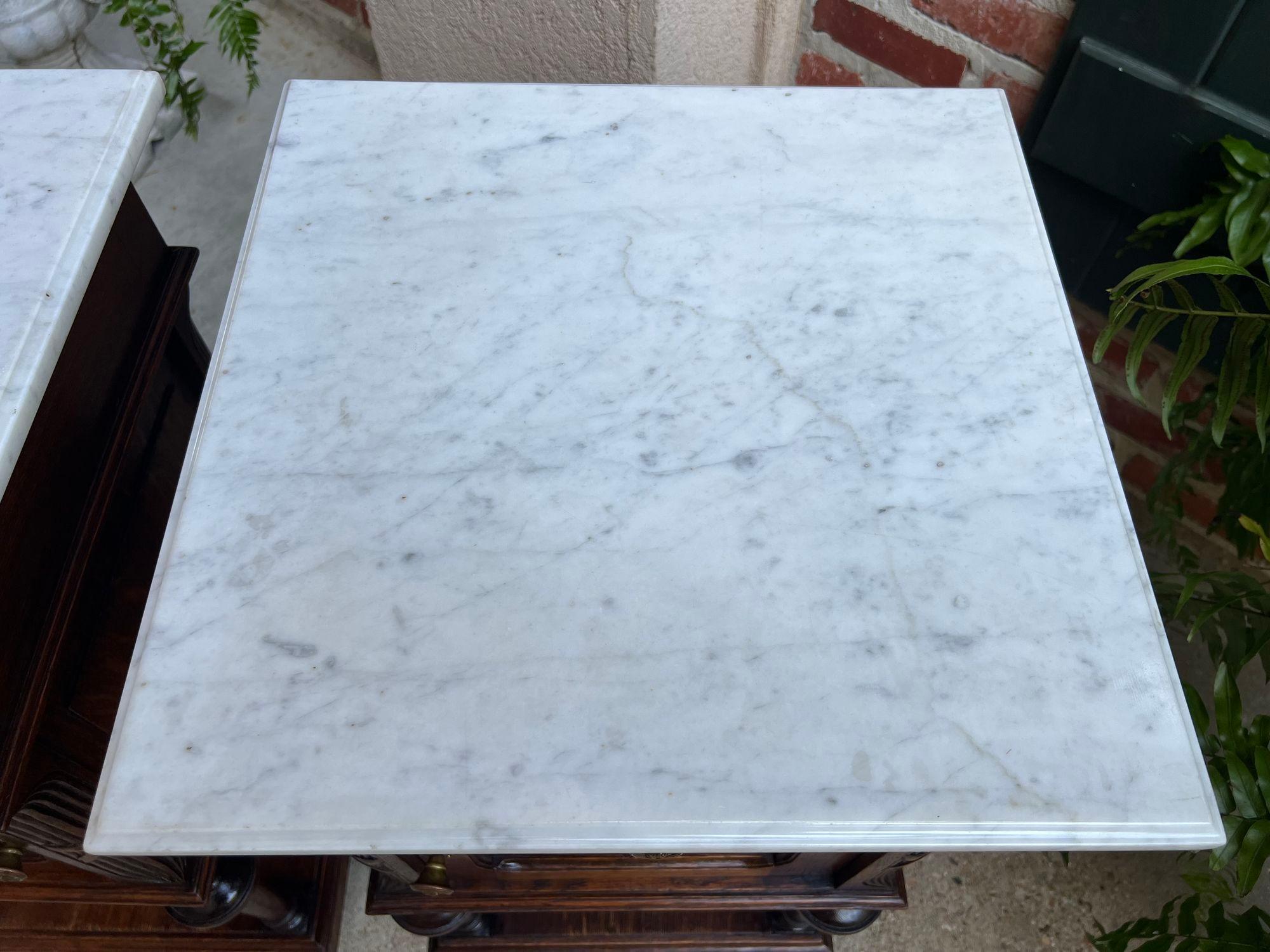 Pair Antique French End Table Cabinet White Marble Regency Carved Oak Nightstand 1