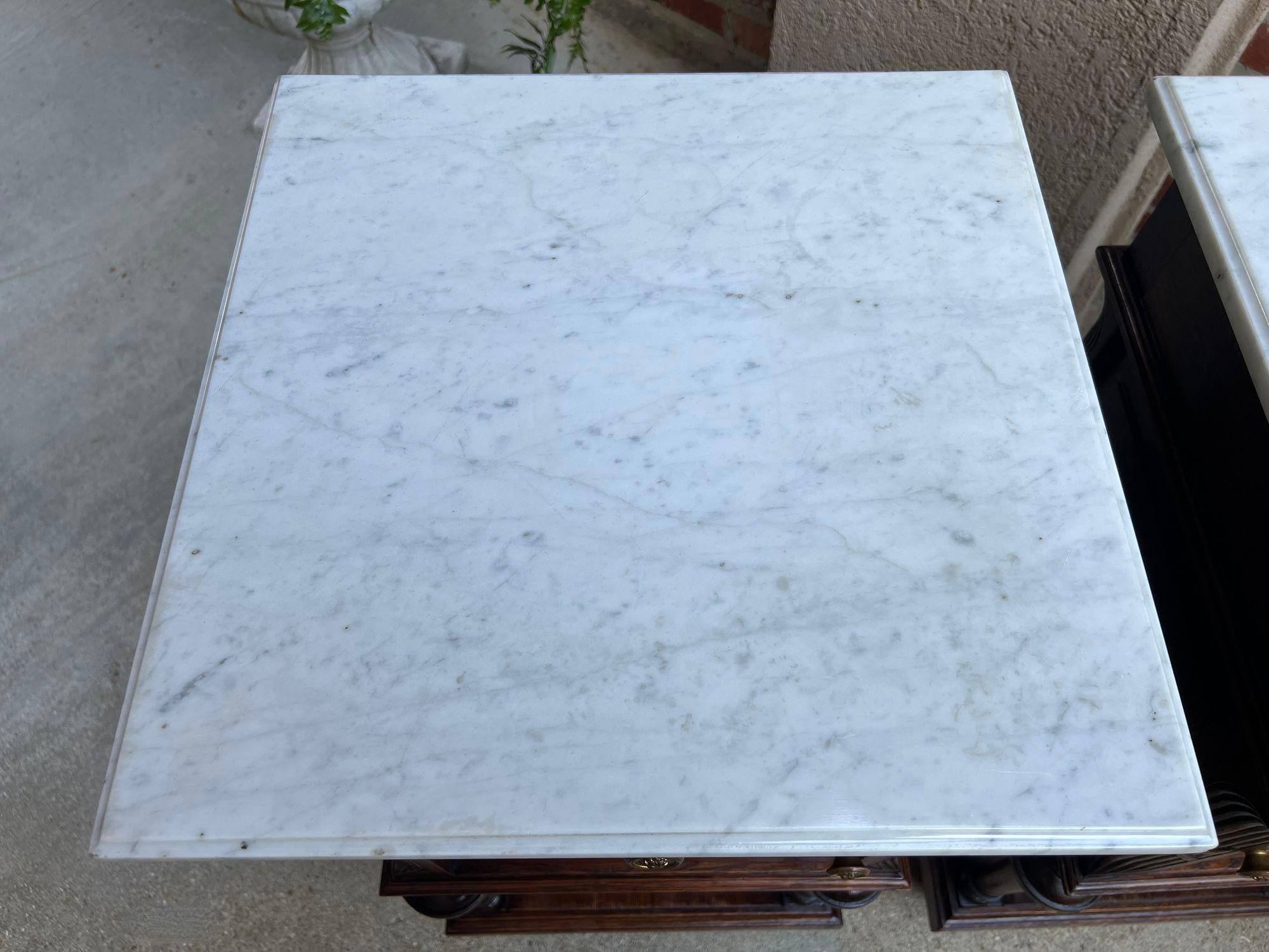 Pair Antique French End Table Cabinet White Marble Regency Carved Oak Nightstand 2
