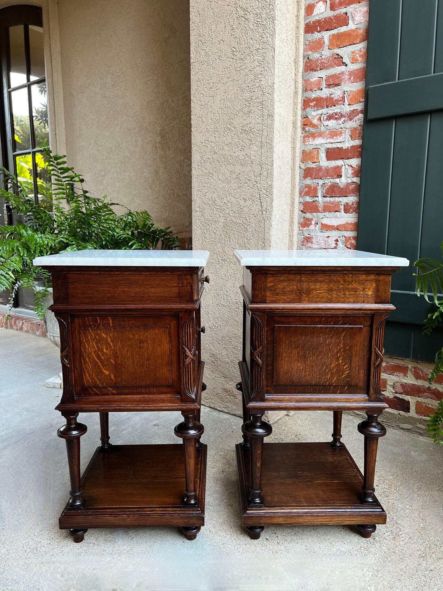 Pair Antique French End Table Cabinet White Marble Regency Carved Oak Nightstand 3