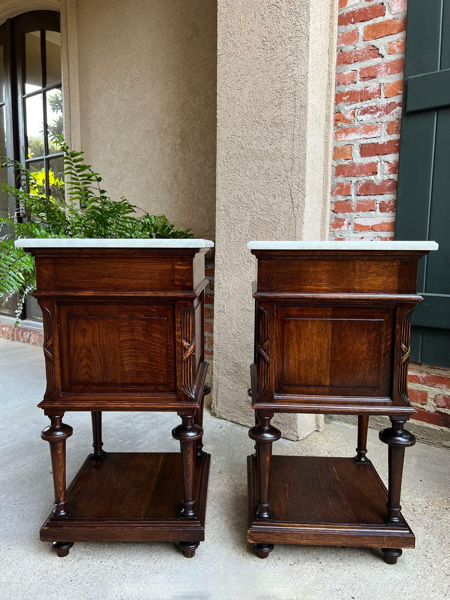 Pair Antique French End Table Cabinet White Marble Regency Carved Oak Nightstand 4
