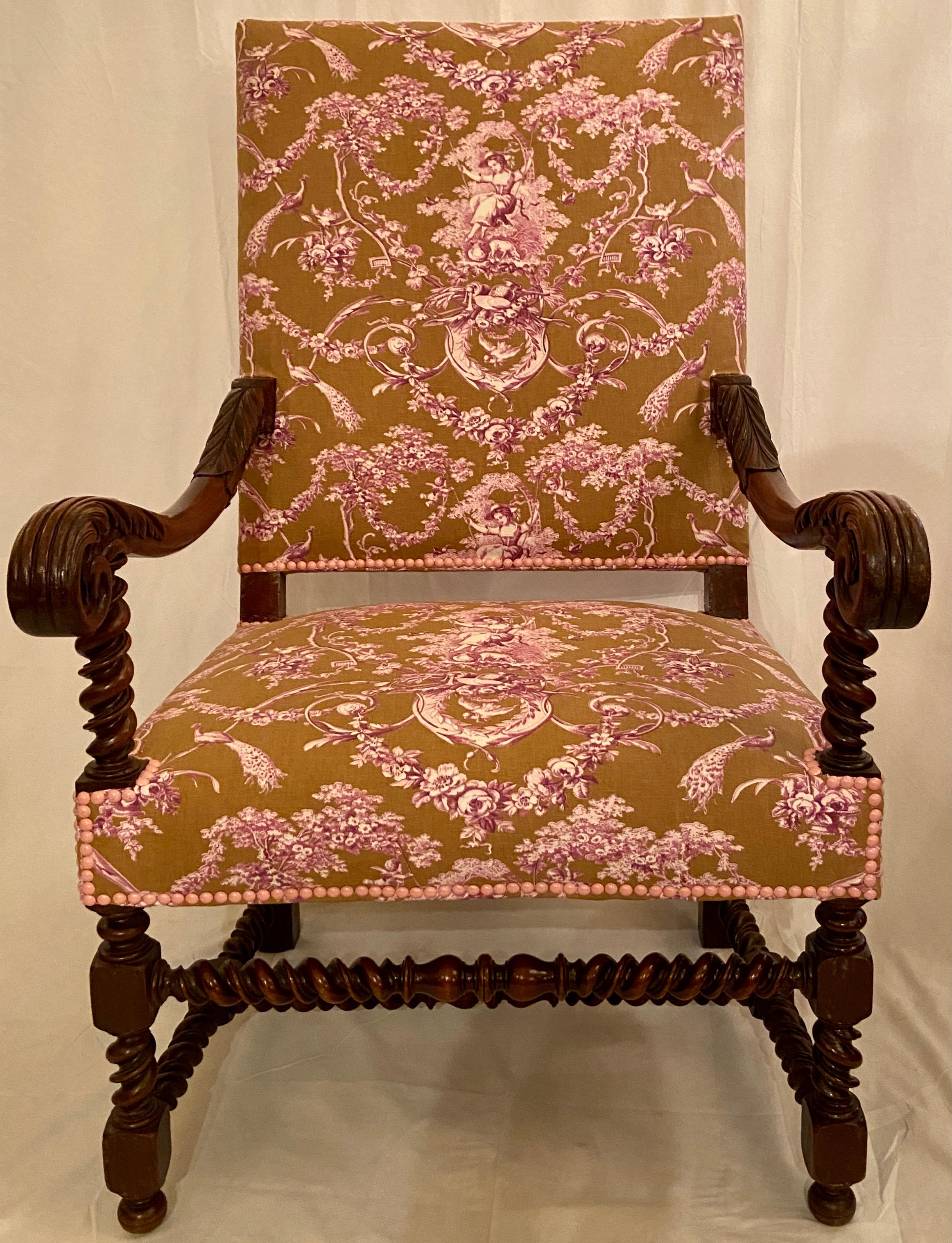 Pair Antique French Francois I carved walnut & toile armchairs, circa 1860.
These handsome chairs are in great condition with a very pretty fabric.