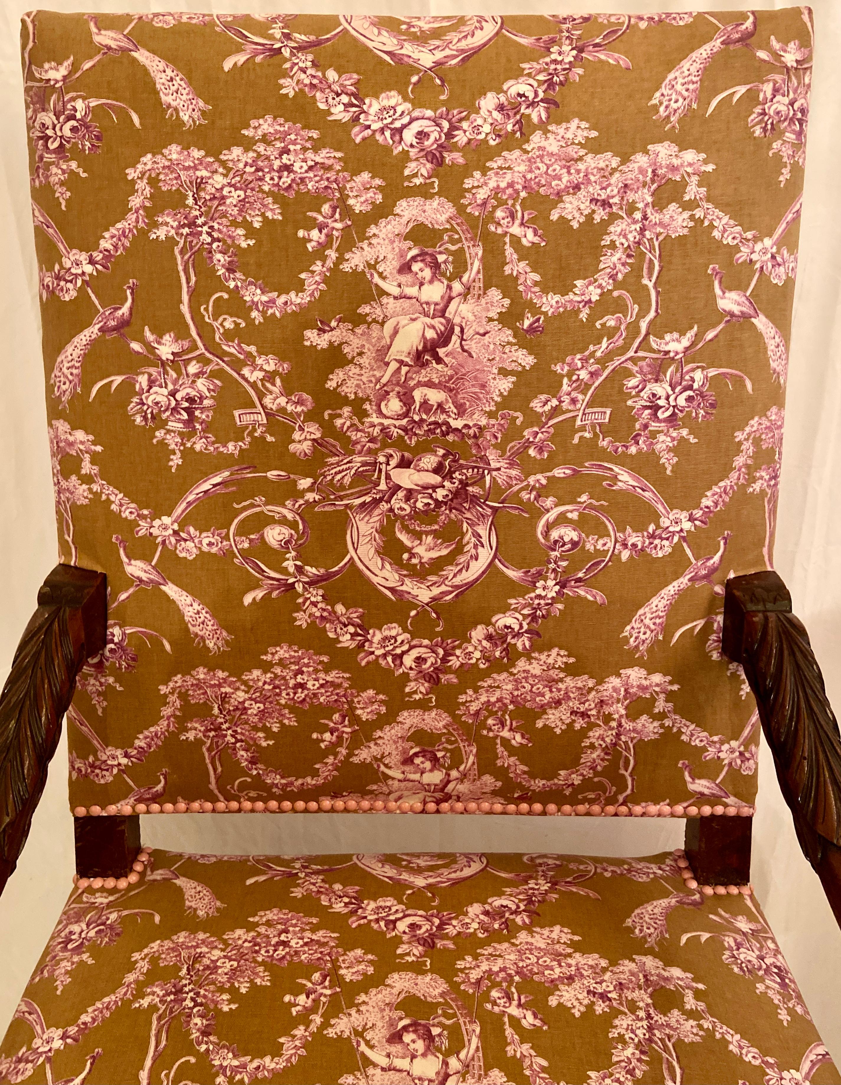 Pair Antique French Francois i Carved Walnut & Toile Armchairs, circa 1860 In Good Condition For Sale In New Orleans, LA