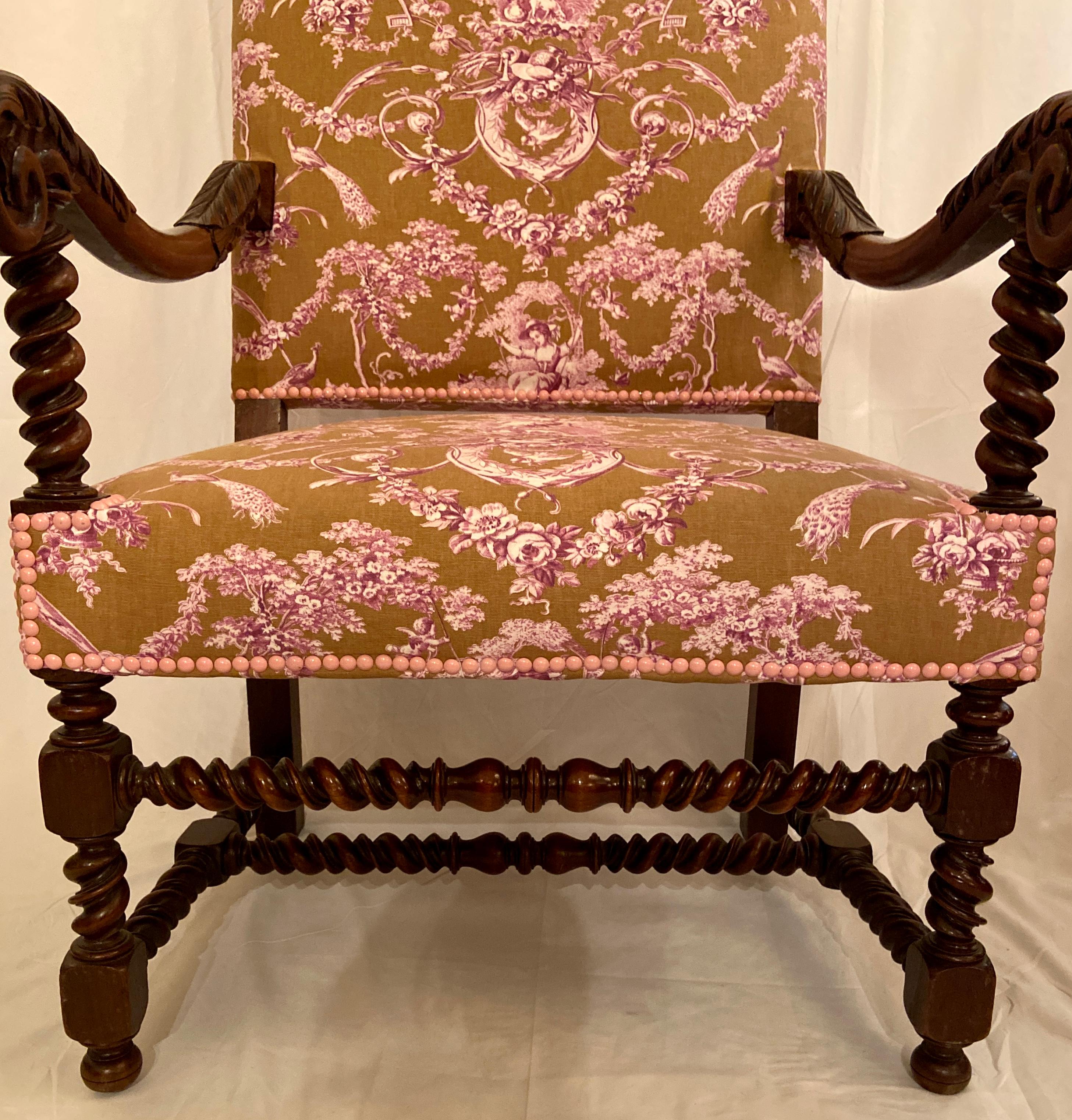 19th Century Pair Antique French Francois i Carved Walnut & Toile Armchairs, circa 1860 For Sale