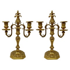 Paire de candélabres anciens en bronze d'oré de Francois Premier, Circa 1880.