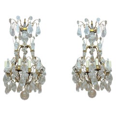 Pair Antique French Gilt Bronze and Rock Crystal Chandeliers in Louis XVI Style
