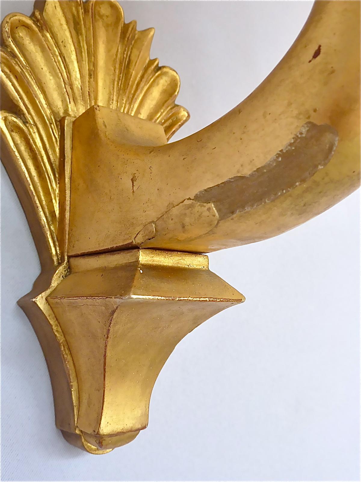 Pair Antique French Gilt Wood Art Deco Sconces Hand-Painted Shades 1920s For Sale 4