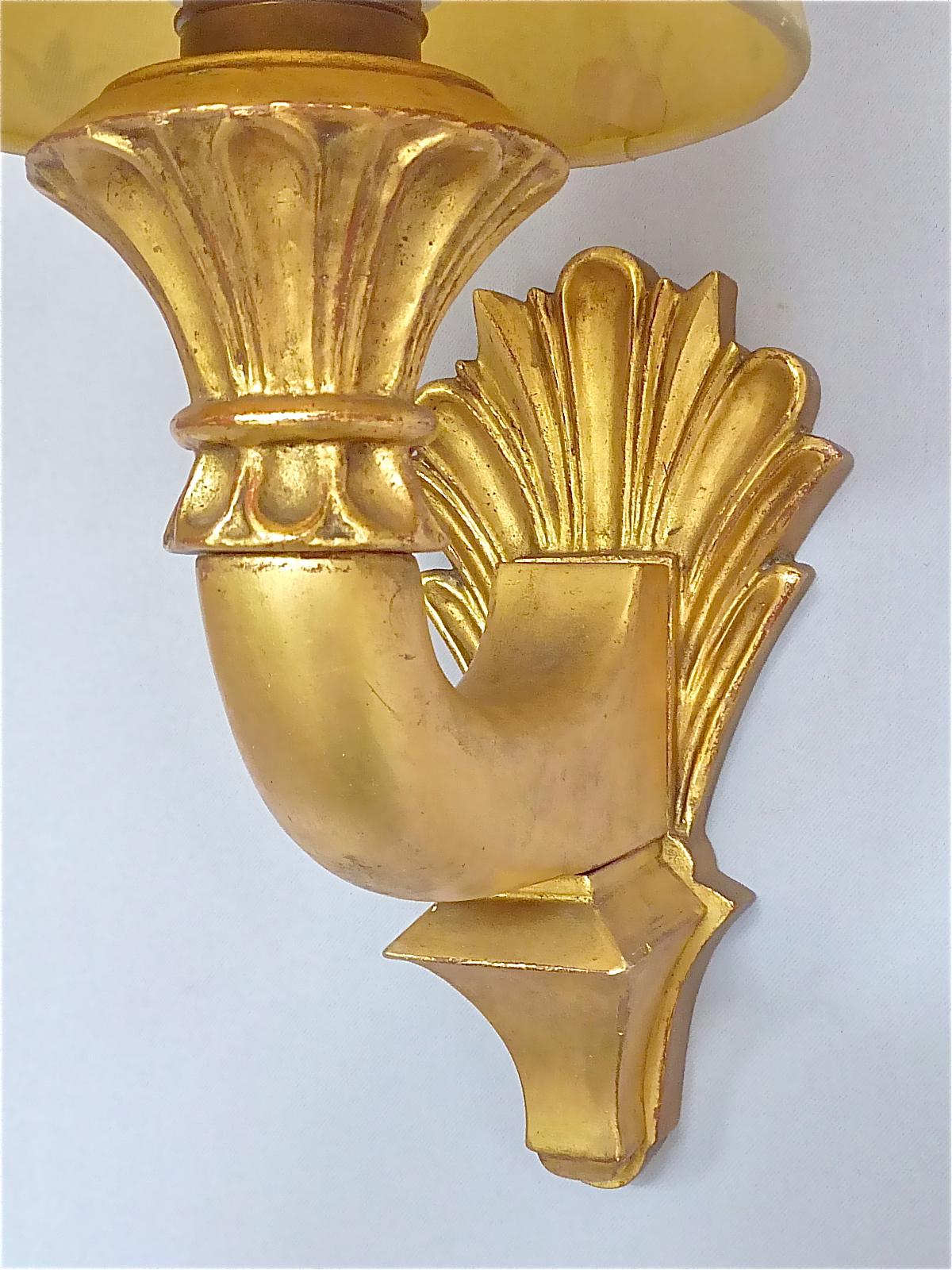 Pair Antique French Gilt Wood Art Deco Sconces Hand-Painted Shades 1920s For Sale 5