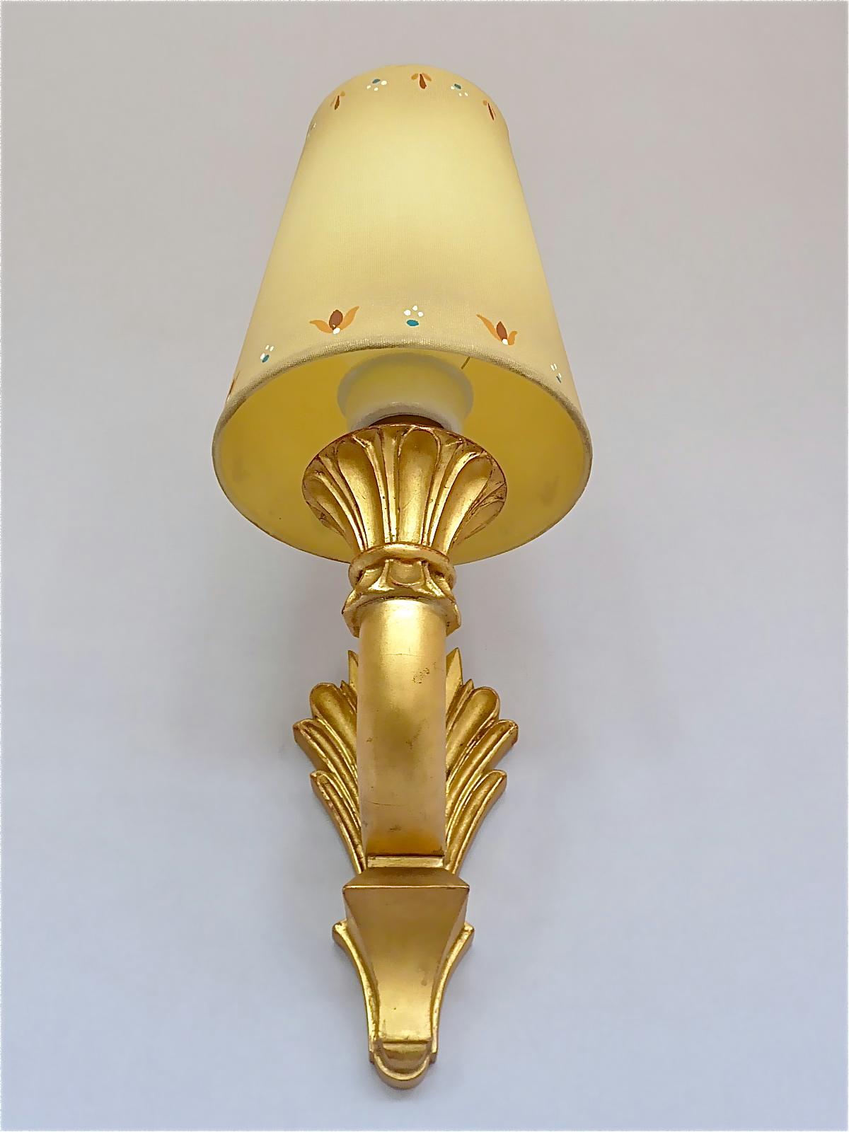 Pair Antique French Gilt Wood Art Deco Sconces Hand-Painted Shades 1920s For Sale 7