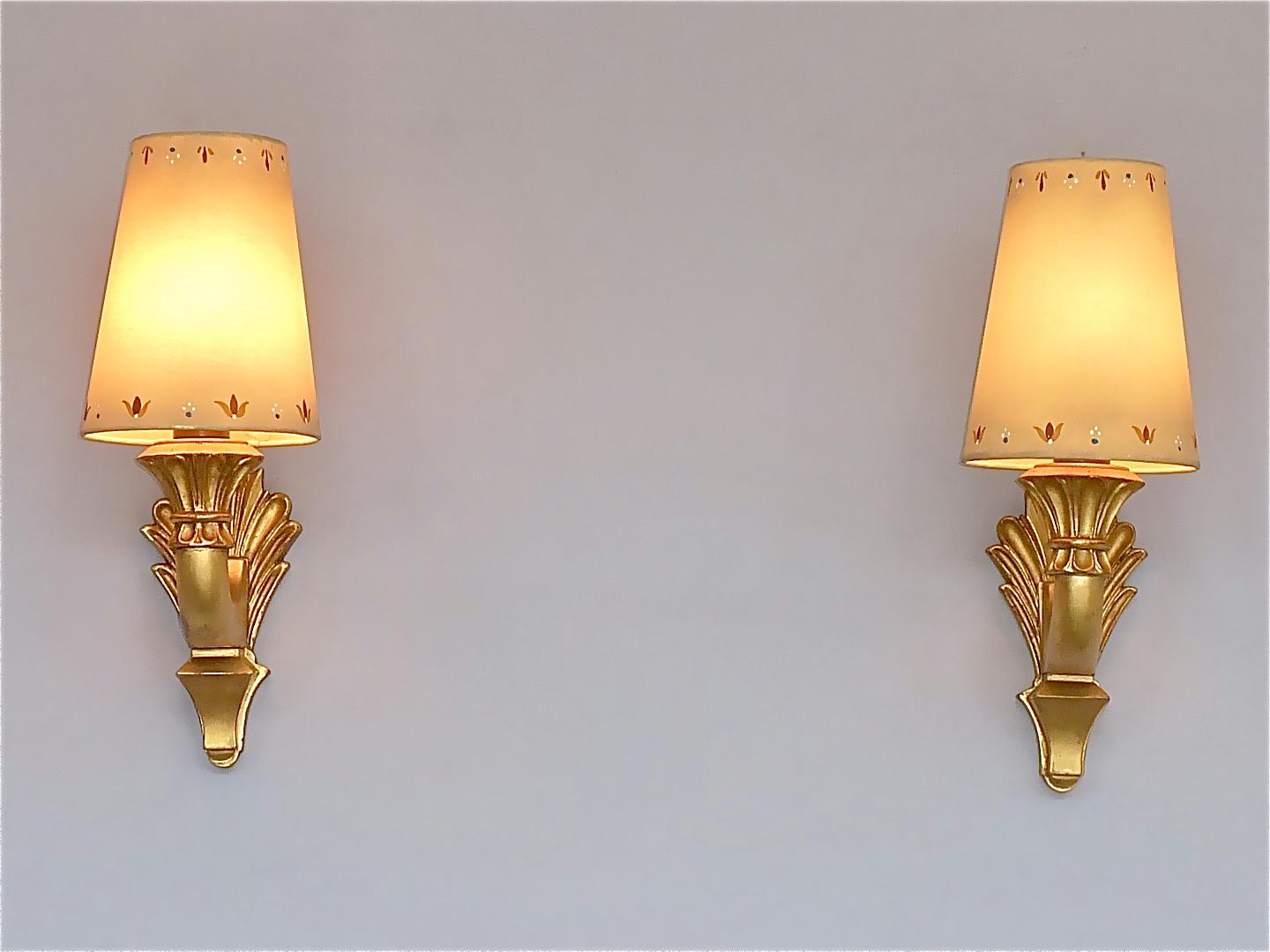Pair Antique French Gilt Wood Art Deco Sconces Hand-Painted Shades 1920s For Sale 8