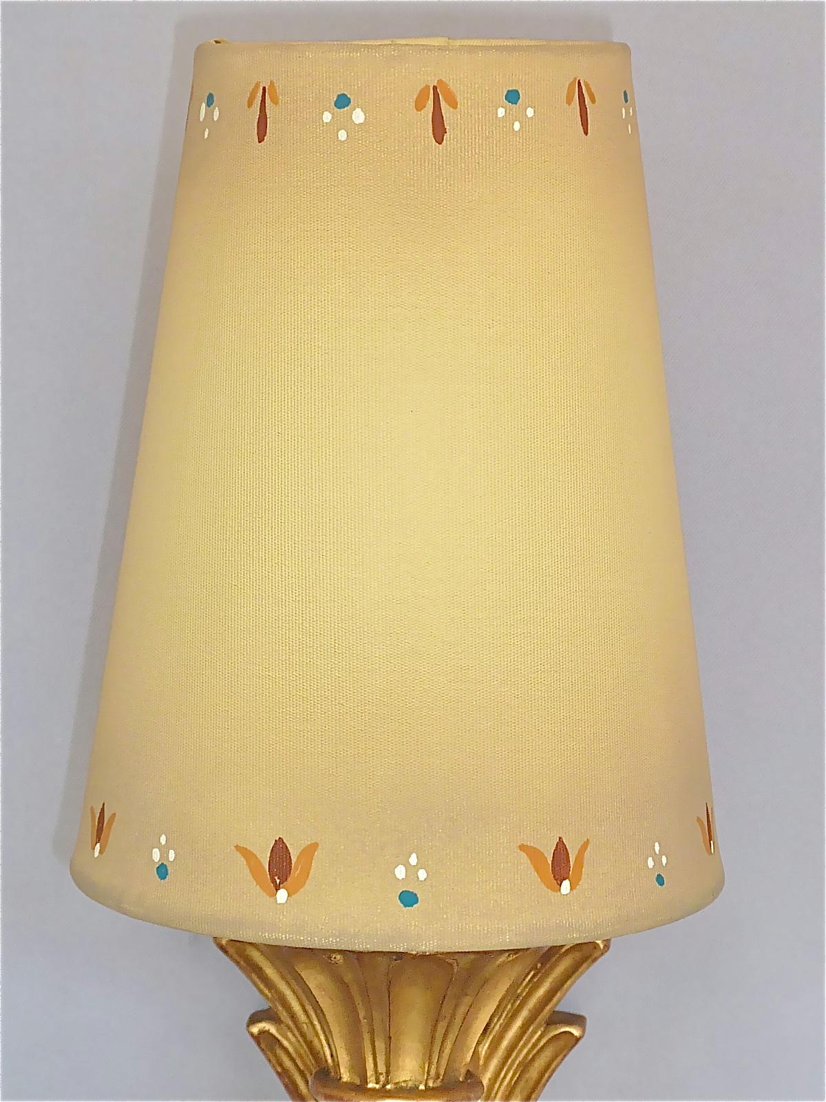 Pair Antique French Gilt Wood Art Deco Sconces Hand-Painted Shades 1920s For Sale 9