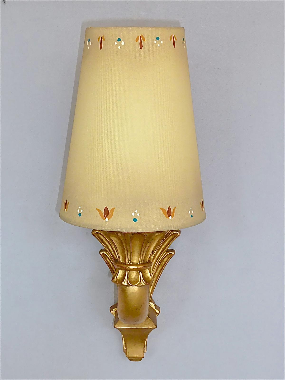 Pair Antique French Gilt Wood Art Deco Sconces Hand-Painted Shades 1920s For Sale 10